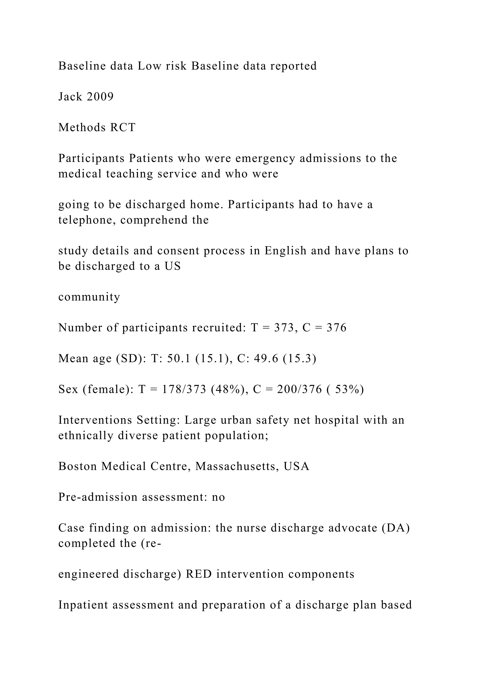 Baseline data Low risk Baseline data reported
Jack 2009
Methods RCT
Participants Patients who were emergency admissions to the
medical teaching service and who were
going to be discharged home. Participants had to have a
telephone, comprehend the
study details and consent process in English and have plans to
be discharged to a US
community
Number of participants recruited: T = 373, C = 376
Mean age (SD): T: 50.1 (15.1), C: 49.6 (15.3)
Sex (female): T = 178/373 (48%), C = 200/376 ( 53%)
Interventions Setting: Large urban safety net hospital with an
ethnically diverse patient population;
Boston Medical Centre, Massachusetts, USA
Pre-admission assessment: no
Case finding on admission: the nurse discharge advocate (DA)
completed the (re-
engineered discharge) RED intervention components
Inpatient assessment and preparation of a discharge plan based
 