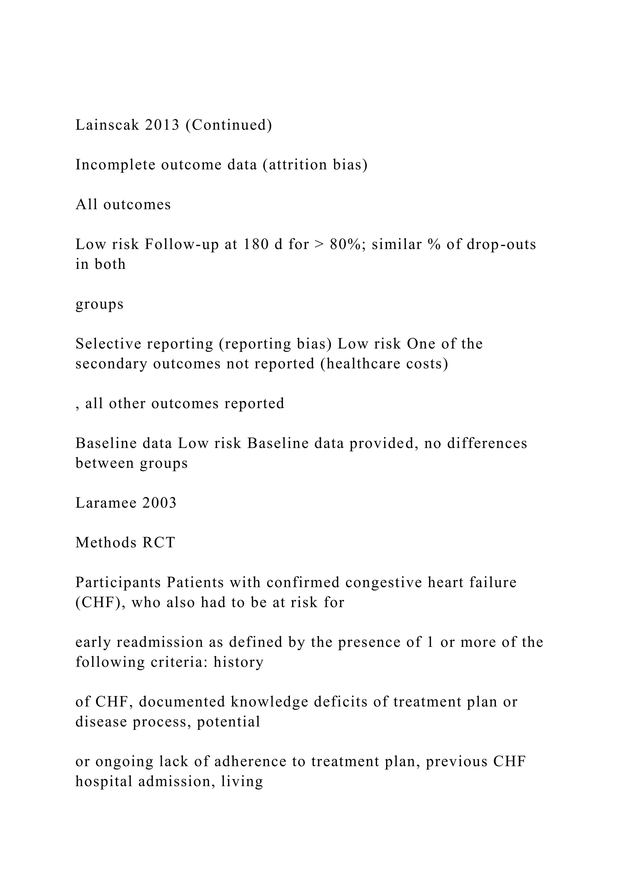 Lainscak 2013 (Continued)
Incomplete outcome data (attrition bias)
All outcomes
Low risk Follow-up at 180 d for > 80%; similar % of drop-outs
in both
groups
Selective reporting (reporting bias) Low risk One of the
secondary outcomes not reported (healthcare costs)
, all other outcomes reported
Baseline data Low risk Baseline data provided, no differences
between groups
Laramee 2003
Methods RCT
Participants Patients with confirmed congestive heart failure
(CHF), who also had to be at risk for
early readmission as defined by the presence of 1 or more of the
following criteria: history
of CHF, documented knowledge deficits of treatment plan or
disease process, potential
or ongoing lack of adherence to treatment plan, previous CHF
hospital admission, living
 