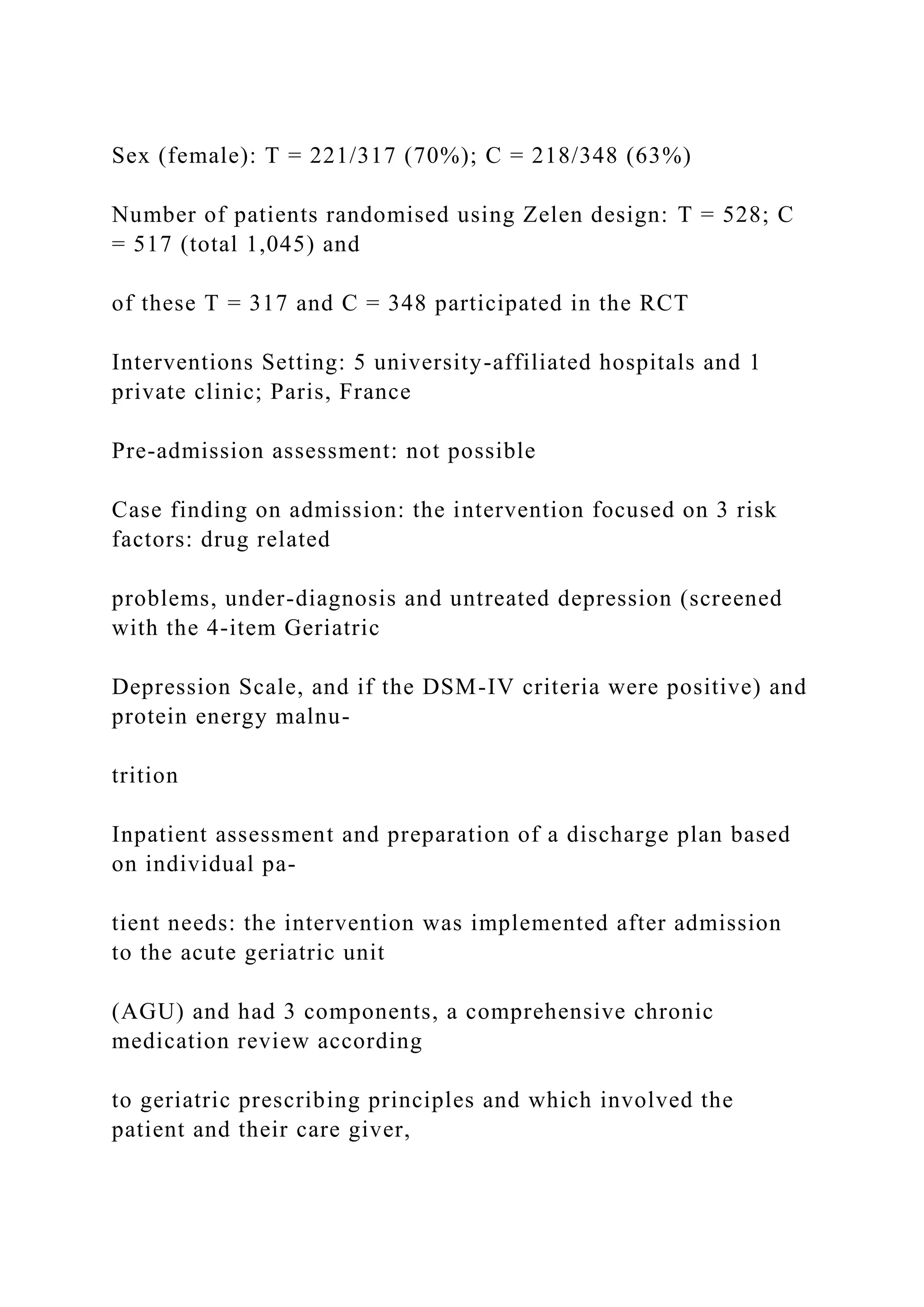 Sex (female): T = 221/317 (70%); C = 218/348 (63%)
Number of patients randomised using Zelen design: T = 528; C
= 517 (total 1,045) and
of these T = 317 and C = 348 participated in the RCT
Interventions Setting: 5 university-affiliated hospitals and 1
private clinic; Paris, France
Pre-admission assessment: not possible
Case finding on admission: the intervention focused on 3 risk
factors: drug related
problems, under-diagnosis and untreated depression (screened
with the 4-item Geriatric
Depression Scale, and if the DSM-IV criteria were positive) and
protein energy malnu-
trition
Inpatient assessment and preparation of a discharge plan based
on individual pa-
tient needs: the intervention was implemented after admission
to the acute geriatric unit
(AGU) and had 3 components, a comprehensive chronic
medication review according
to geriatric prescribing principles and which involved the
patient and their care giver,
 