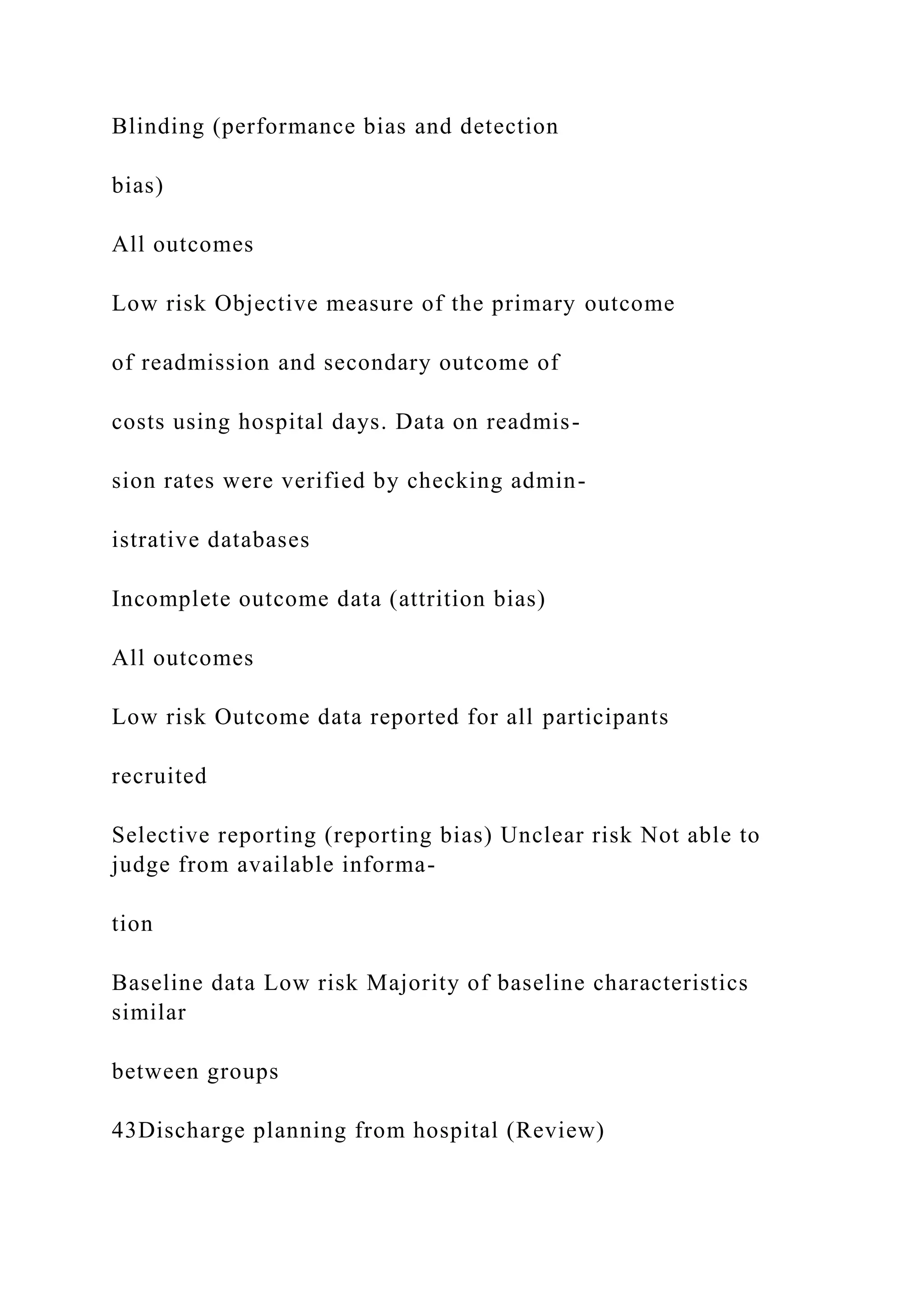 Blinding (performance bias and detection
bias)
All outcomes
Low risk Objective measure of the primary outcome
of readmission and secondary outcome of
costs using hospital days. Data on readmis-
sion rates were verified by checking admin-
istrative databases
Incomplete outcome data (attrition bias)
All outcomes
Low risk Outcome data reported for all participants
recruited
Selective reporting (reporting bias) Unclear risk Not able to
judge from available informa-
tion
Baseline data Low risk Majority of baseline characteristics
similar
between groups
43Discharge planning from hospital (Review)
 