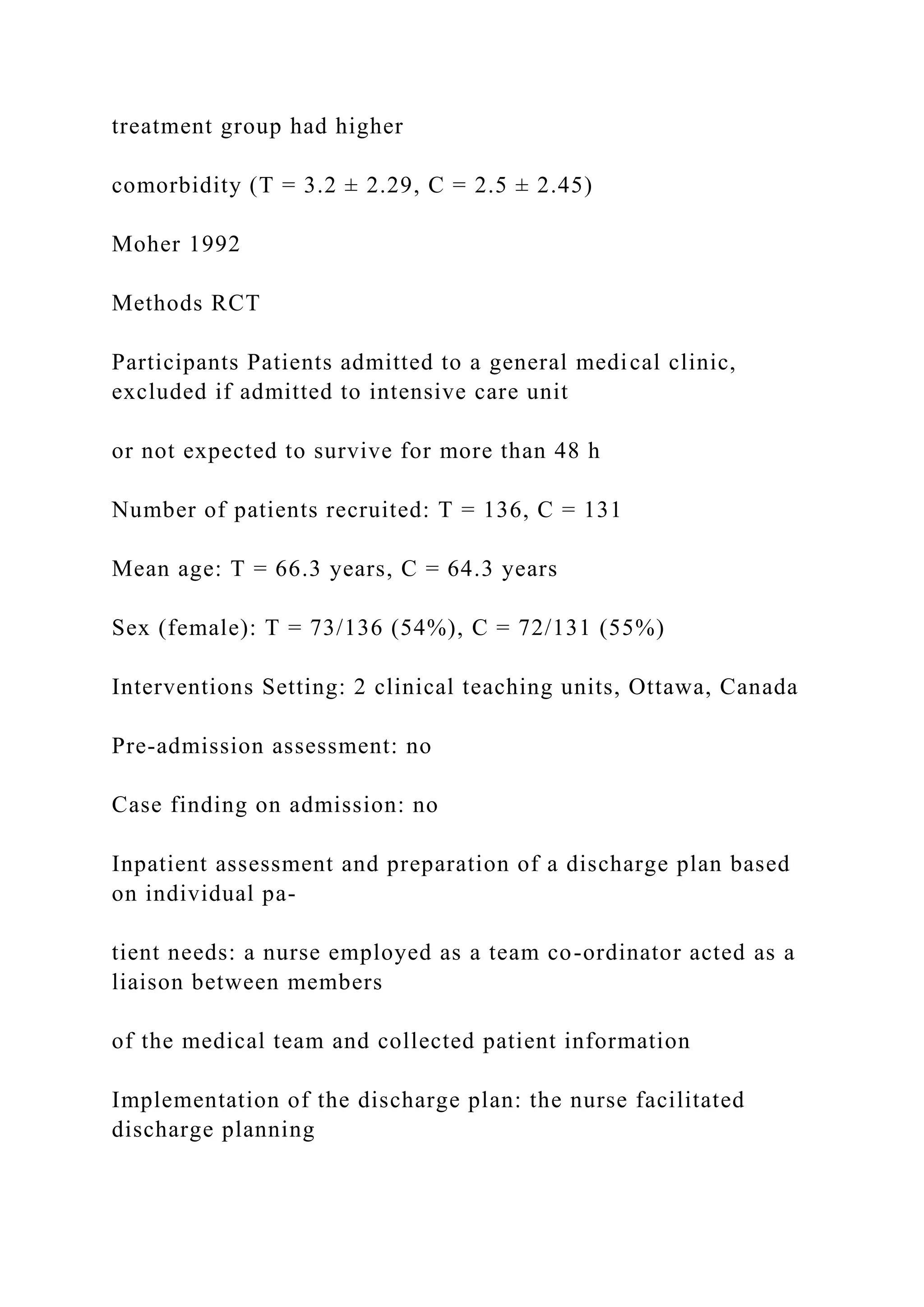 treatment group had higher
comorbidity (T = 3.2 ± 2.29, C = 2.5 ± 2.45)
Moher 1992
Methods RCT
Participants Patients admitted to a general medical clinic,
excluded if admitted to intensive care unit
or not expected to survive for more than 48 h
Number of patients recruited: T = 136, C = 131
Mean age: T = 66.3 years, C = 64.3 years
Sex (female): T = 73/136 (54%), C = 72/131 (55%)
Interventions Setting: 2 clinical teaching units, Ottawa, Canada
Pre-admission assessment: no
Case finding on admission: no
Inpatient assessment and preparation of a discharge plan based
on individual pa-
tient needs: a nurse employed as a team co-ordinator acted as a
liaison between members
of the medical team and collected patient information
Implementation of the discharge plan: the nurse facilitated
discharge planning
 