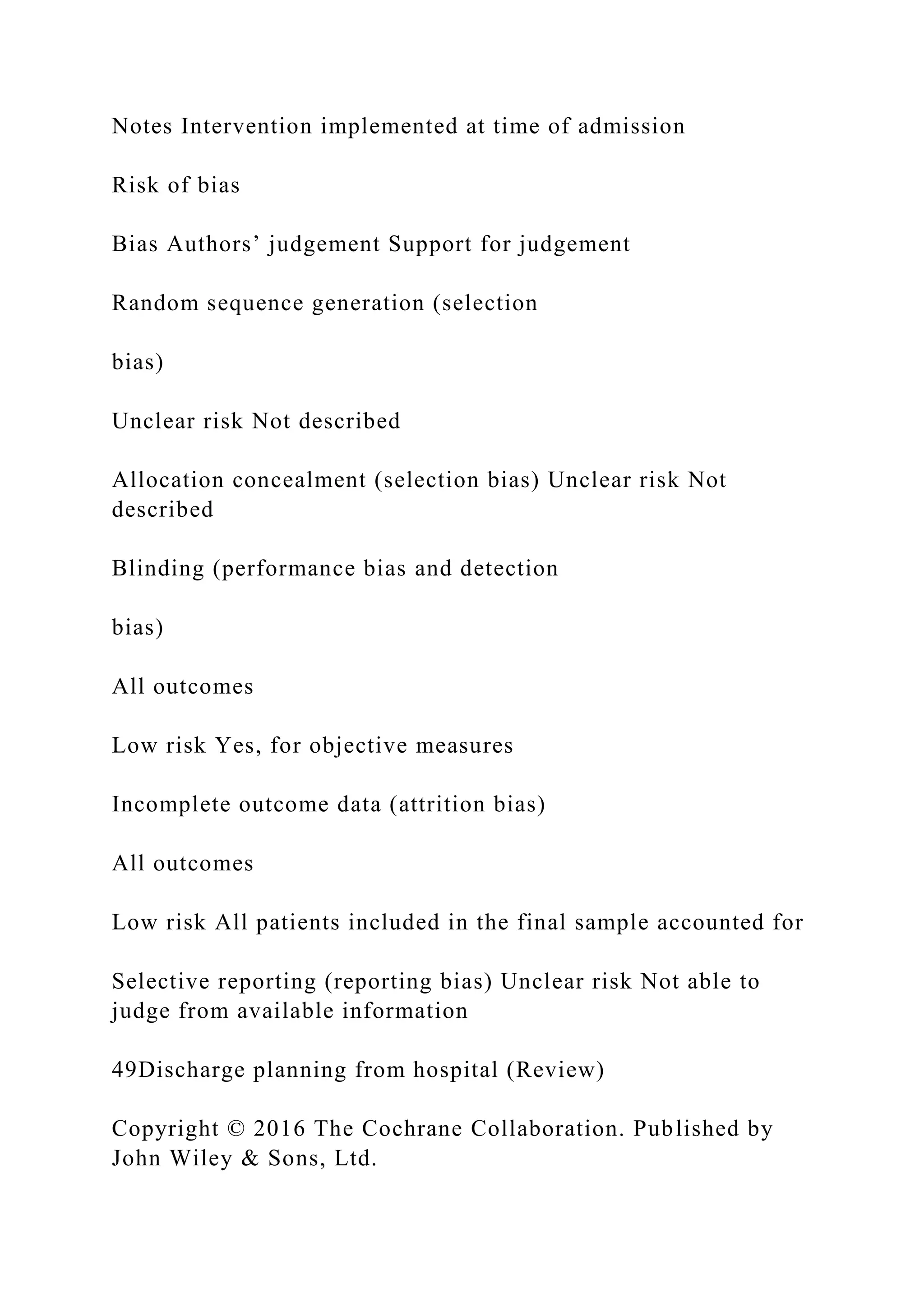 Notes Intervention implemented at time of admission
Risk of bias
Bias Authors’ judgement Support for judgement
Random sequence generation (selection
bias)
Unclear risk Not described
Allocation concealment (selection bias) Unclear risk Not
described
Blinding (performance bias and detection
bias)
All outcomes
Low risk Yes, for objective measures
Incomplete outcome data (attrition bias)
All outcomes
Low risk All patients included in the final sample accounted for
Selective reporting (reporting bias) Unclear risk Not able to
judge from available information
49Discharge planning from hospital (Review)
Copyright © 2016 The Cochrane Collaboration. Published by
John Wiley & Sons, Ltd.
 