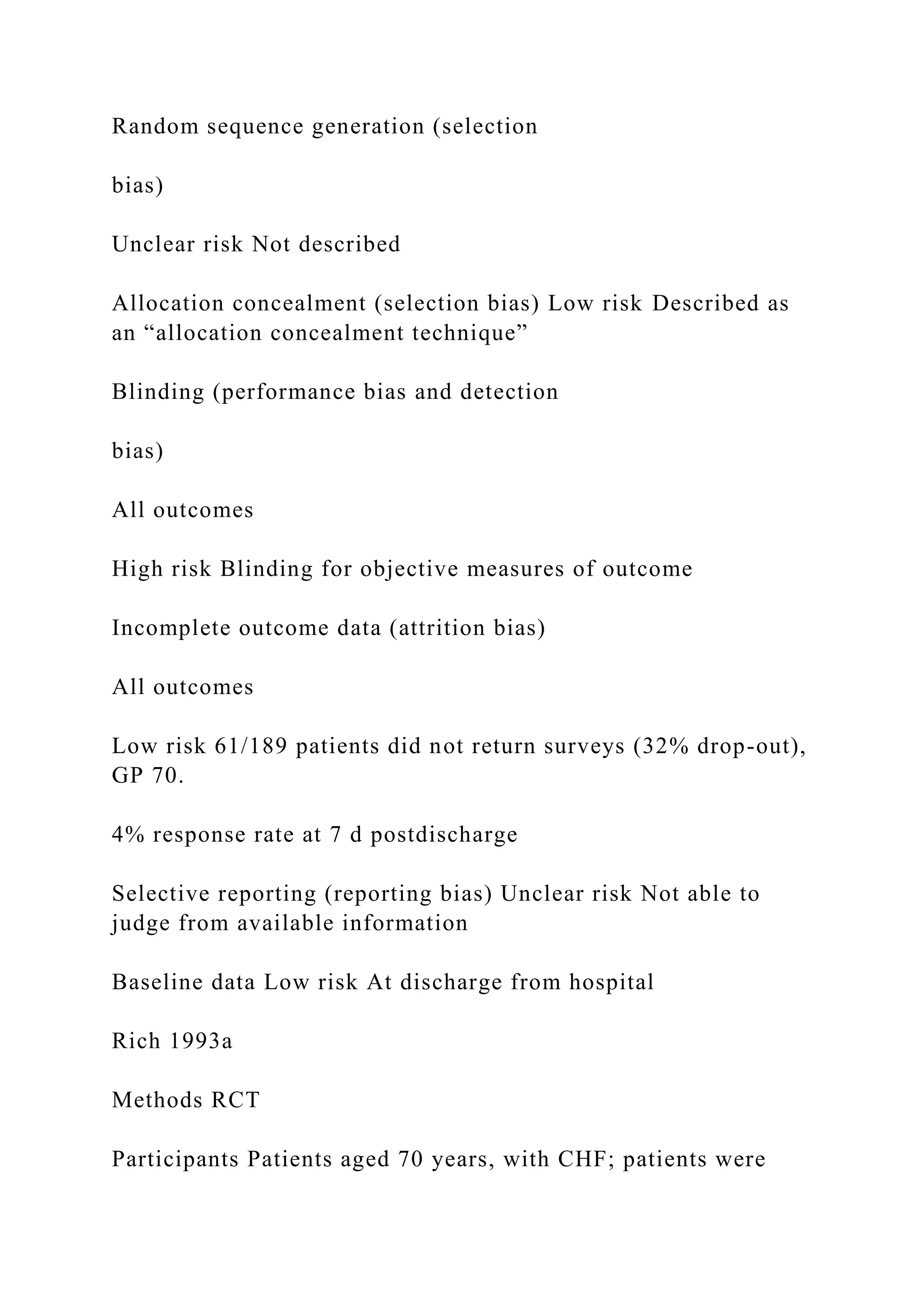 Random sequence generation (selection
bias)
Unclear risk Not described
Allocation concealment (selection bias) Low risk Described as
an “allocation concealment technique”
Blinding (performance bias and detection
bias)
All outcomes
High risk Blinding for objective measures of outcome
Incomplete outcome data (attrition bias)
All outcomes
Low risk 61/189 patients did not return surveys (32% drop-out),
GP 70.
4% response rate at 7 d postdischarge
Selective reporting (reporting bias) Unclear risk Not able to
judge from available information
Baseline data Low risk At discharge from hospital
Rich 1993a
Methods RCT
Participants Patients aged 70 years, with CHF; patients were
 