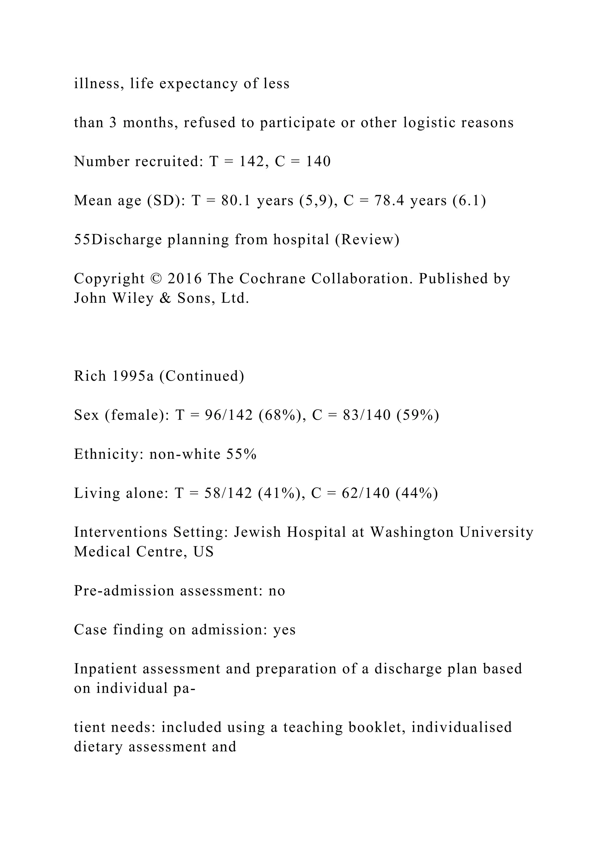 illness, life expectancy of less
than 3 months, refused to participate or other logistic reasons
Number recruited: T = 142, C = 140
Mean age (SD): T = 80.1 years (5,9), C = 78.4 years (6.1)
55Discharge planning from hospital (Review)
Copyright © 2016 The Cochrane Collaboration. Published by
John Wiley & Sons, Ltd.
Rich 1995a (Continued)
Sex (female): T = 96/142 (68%), C = 83/140 (59%)
Ethnicity: non-white 55%
Living alone: T = 58/142 (41%), C = 62/140 (44%)
Interventions Setting: Jewish Hospital at Washington University
Medical Centre, US
Pre-admission assessment: no
Case finding on admission: yes
Inpatient assessment and preparation of a discharge plan based
on individual pa-
tient needs: included using a teaching booklet, individualised
dietary assessment and
 