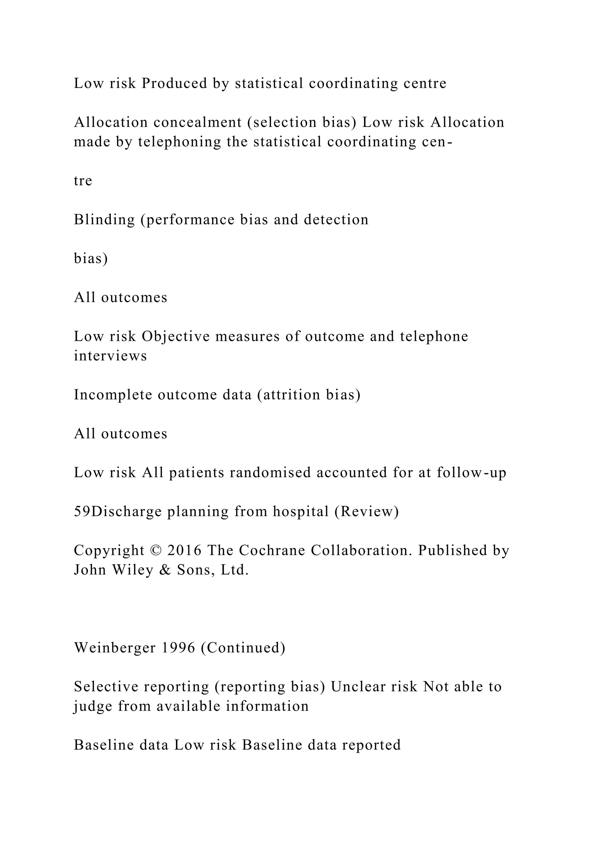 Low risk Produced by statistical coordinating centre
Allocation concealment (selection bias) Low risk Allocation
made by telephoning the statistical coordinating cen-
tre
Blinding (performance bias and detection
bias)
All outcomes
Low risk Objective measures of outcome and telephone
interviews
Incomplete outcome data (attrition bias)
All outcomes
Low risk All patients randomised accounted for at follow-up
59Discharge planning from hospital (Review)
Copyright © 2016 The Cochrane Collaboration. Published by
John Wiley & Sons, Ltd.
Weinberger 1996 (Continued)
Selective reporting (reporting bias) Unclear risk Not able to
judge from available information
Baseline data Low risk Baseline data reported
 