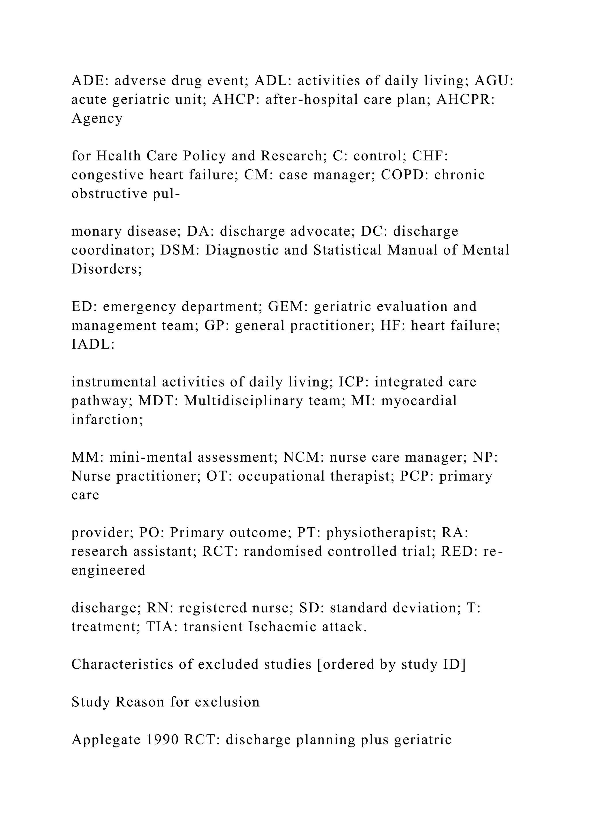 ADE: adverse drug event; ADL: activities of daily living; AGU:
acute geriatric unit; AHCP: after-hospital care plan; AHCPR:
Agency
for Health Care Policy and Research; C: control; CHF:
congestive heart failure; CM: case manager; COPD: chronic
obstructive pul-
monary disease; DA: discharge advocate; DC: discharge
coordinator; DSM: Diagnostic and Statistical Manual of Mental
Disorders;
ED: emergency department; GEM: geriatric evaluation and
management team; GP: general practitioner; HF: heart failure;
IADL:
instrumental activities of daily living; ICP: integrated care
pathway; MDT: Multidisciplinary team; MI: myocardial
infarction;
MM: mini-mental assessment; NCM: nurse care manager; NP:
Nurse practitioner; OT: occupational therapist; PCP: primary
care
provider; PO: Primary outcome; PT: physiotherapist; RA:
research assistant; RCT: randomised controlled trial; RED: re-
engineered
discharge; RN: registered nurse; SD: standard deviation; T:
treatment; TIA: transient Ischaemic attack.
Characteristics of excluded studies [ordered by study ID]
Study Reason for exclusion
Applegate 1990 RCT: discharge planning plus geriatric
 