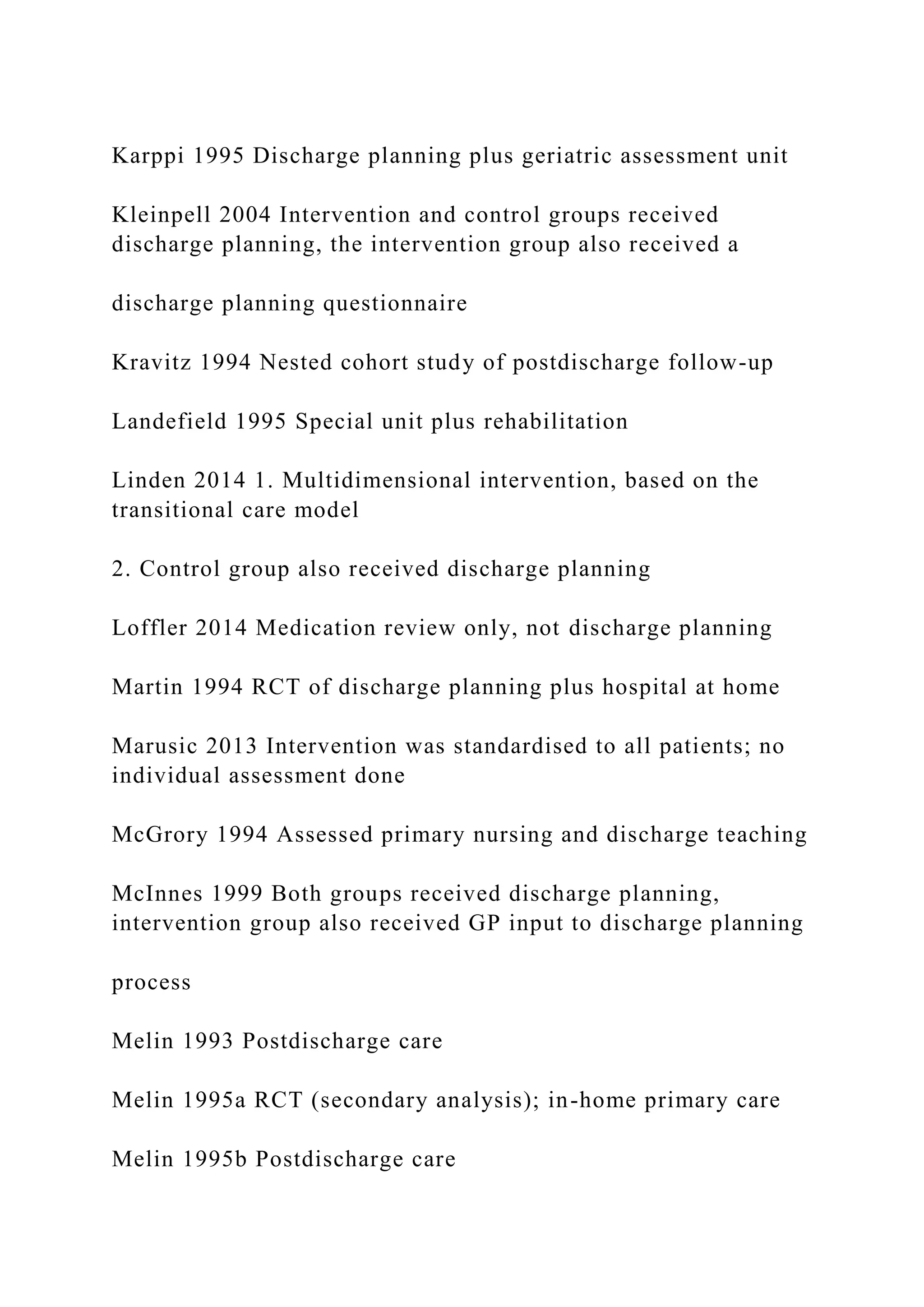 Karppi 1995 Discharge planning plus geriatric assessment unit
Kleinpell 2004 Intervention and control groups received
discharge planning, the intervention group also received a
discharge planning questionnaire
Kravitz 1994 Nested cohort study of postdischarge follow-up
Landefield 1995 Special unit plus rehabilitation
Linden 2014 1. Multidimensional intervention, based on the
transitional care model
2. Control group also received discharge planning
Loffler 2014 Medication review only, not discharge planning
Martin 1994 RCT of discharge planning plus hospital at home
Marusic 2013 Intervention was standardised to all patients; no
individual assessment done
McGrory 1994 Assessed primary nursing and discharge teaching
McInnes 1999 Both groups received discharge planning,
intervention group also received GP input to discharge planning
process
Melin 1993 Postdischarge care
Melin 1995a RCT (secondary analysis); in-home primary care
Melin 1995b Postdischarge care
 