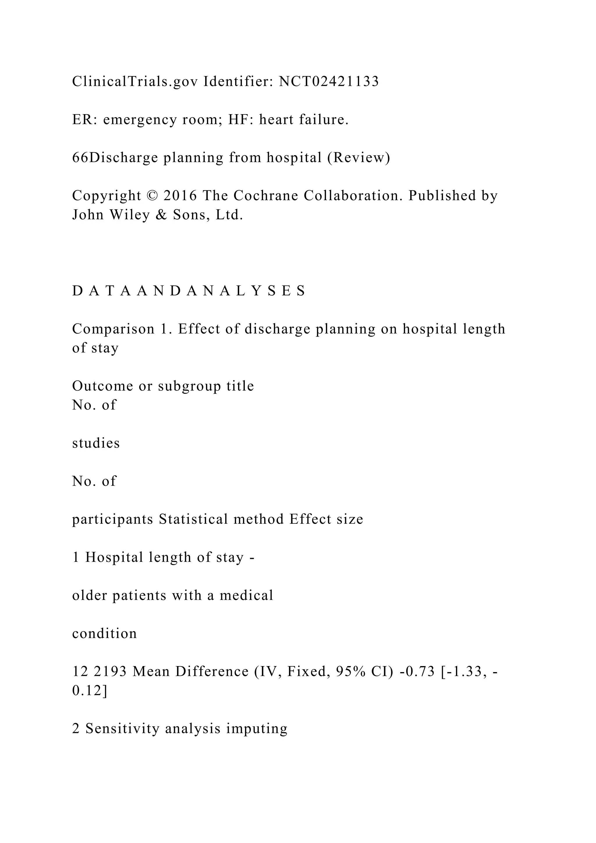 ClinicalTrials.gov Identifier: NCT02421133
ER: emergency room; HF: heart failure.
66Discharge planning from hospital (Review)
Copyright © 2016 The Cochrane Collaboration. Published by
John Wiley & Sons, Ltd.
D A T A A N D A N A L Y S E S
Comparison 1. Effect of discharge planning on hospital length
of stay
Outcome or subgroup title
No. of
studies
No. of
participants Statistical method Effect size
1 Hospital length of stay -
older patients with a medical
condition
12 2193 Mean Difference (IV, Fixed, 95% CI) -0.73 [-1.33, -
0.12]
2 Sensitivity analysis imputing
 