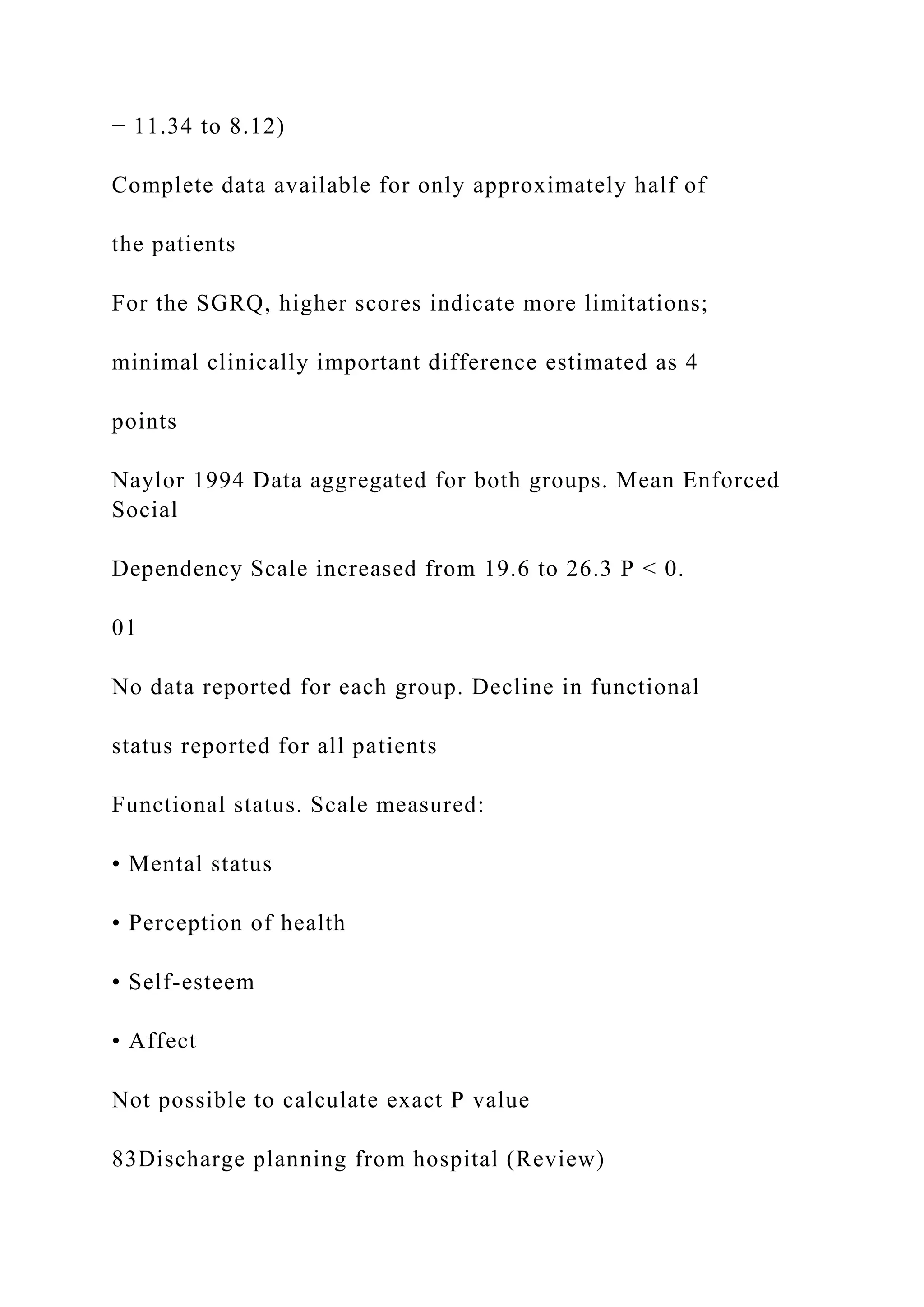 − 11.34 to 8.12)
Complete data available for only approximately half of
the patients
For the SGRQ, higher scores indicate more limitations;
minimal clinically important difference estimated as 4
points
Naylor 1994 Data aggregated for both groups. Mean Enforced
Social
Dependency Scale increased from 19.6 to 26.3 P < 0.
01
No data reported for each group. Decline in functional
status reported for all patients
Functional status. Scale measured:
• Mental status
• Perception of health
• Self-esteem
• Affect
Not possible to calculate exact P value
83Discharge planning from hospital (Review)
 