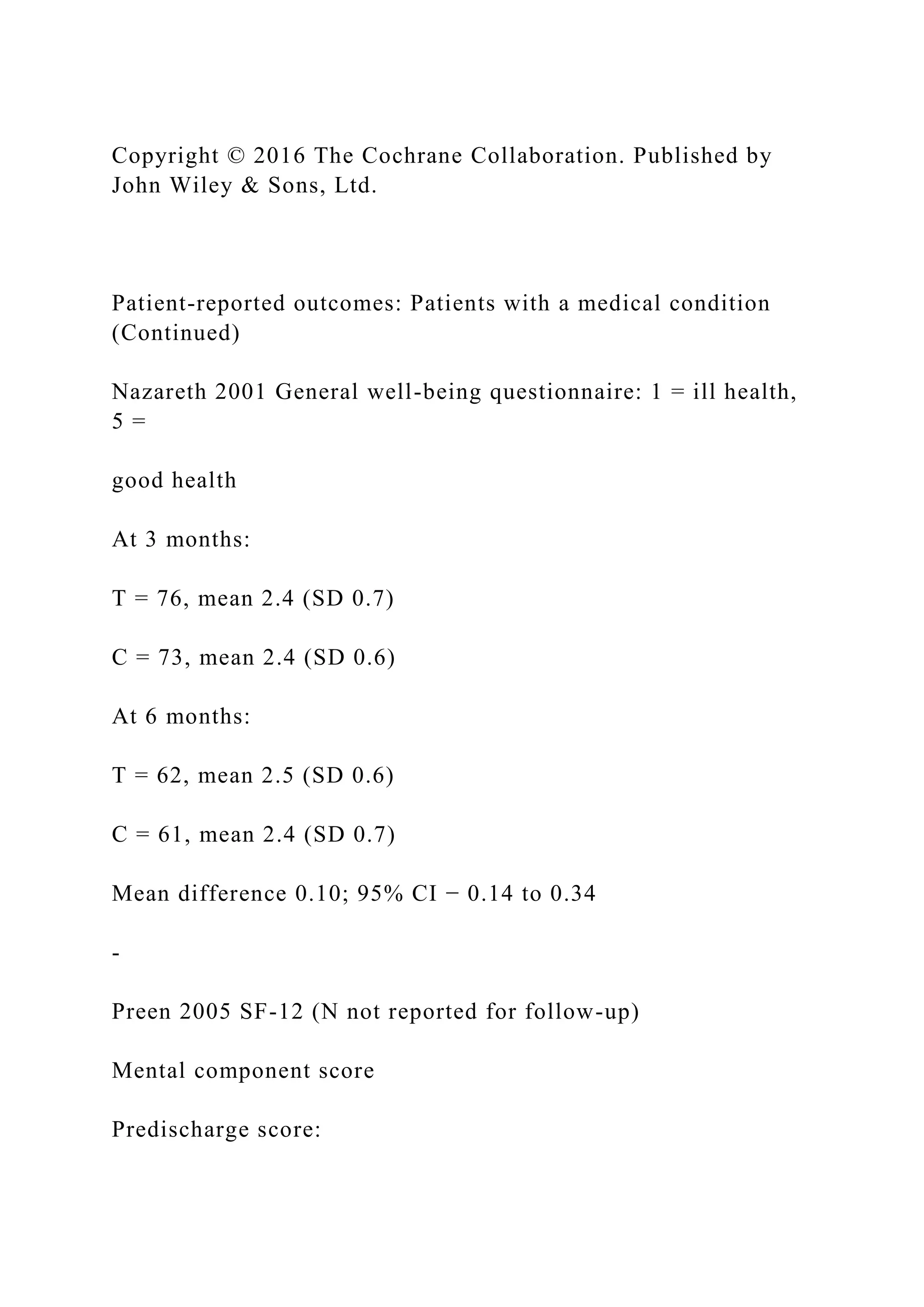 Copyright © 2016 The Cochrane Collaboration. Published by
John Wiley & Sons, Ltd.
Patient-reported outcomes: Patients with a medical condition
(Continued)
Nazareth 2001 General well-being questionnaire: 1 = ill health,
5 =
good health
At 3 months:
T = 76, mean 2.4 (SD 0.7)
C = 73, mean 2.4 (SD 0.6)
At 6 months:
T = 62, mean 2.5 (SD 0.6)
C = 61, mean 2.4 (SD 0.7)
Mean difference 0.10; 95% CI − 0.14 to 0.34
-
Preen 2005 SF-12 (N not reported for follow-up)
Mental component score
Predischarge score:
 