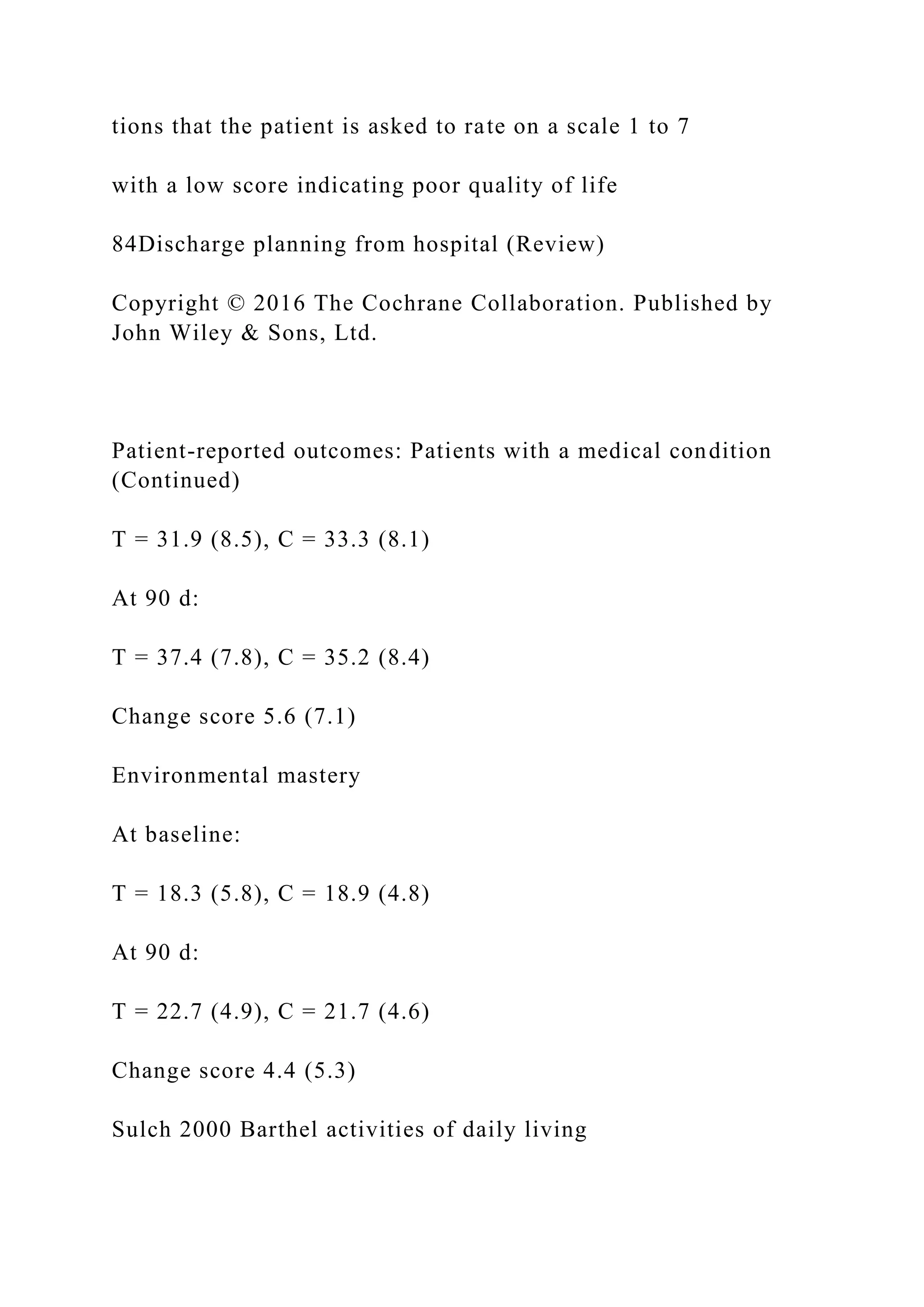 tions that the patient is asked to rate on a scale 1 to 7
with a low score indicating poor quality of life
84Discharge planning from hospital (Review)
Copyright © 2016 The Cochrane Collaboration. Published by
John Wiley & Sons, Ltd.
Patient-reported outcomes: Patients with a medical condition
(Continued)
T = 31.9 (8.5), C = 33.3 (8.1)
At 90 d:
T = 37.4 (7.8), C = 35.2 (8.4)
Change score 5.6 (7.1)
Environmental mastery
At baseline:
T = 18.3 (5.8), C = 18.9 (4.8)
At 90 d:
T = 22.7 (4.9), C = 21.7 (4.6)
Change score 4.4 (5.3)
Sulch 2000 Barthel activities of daily living
 