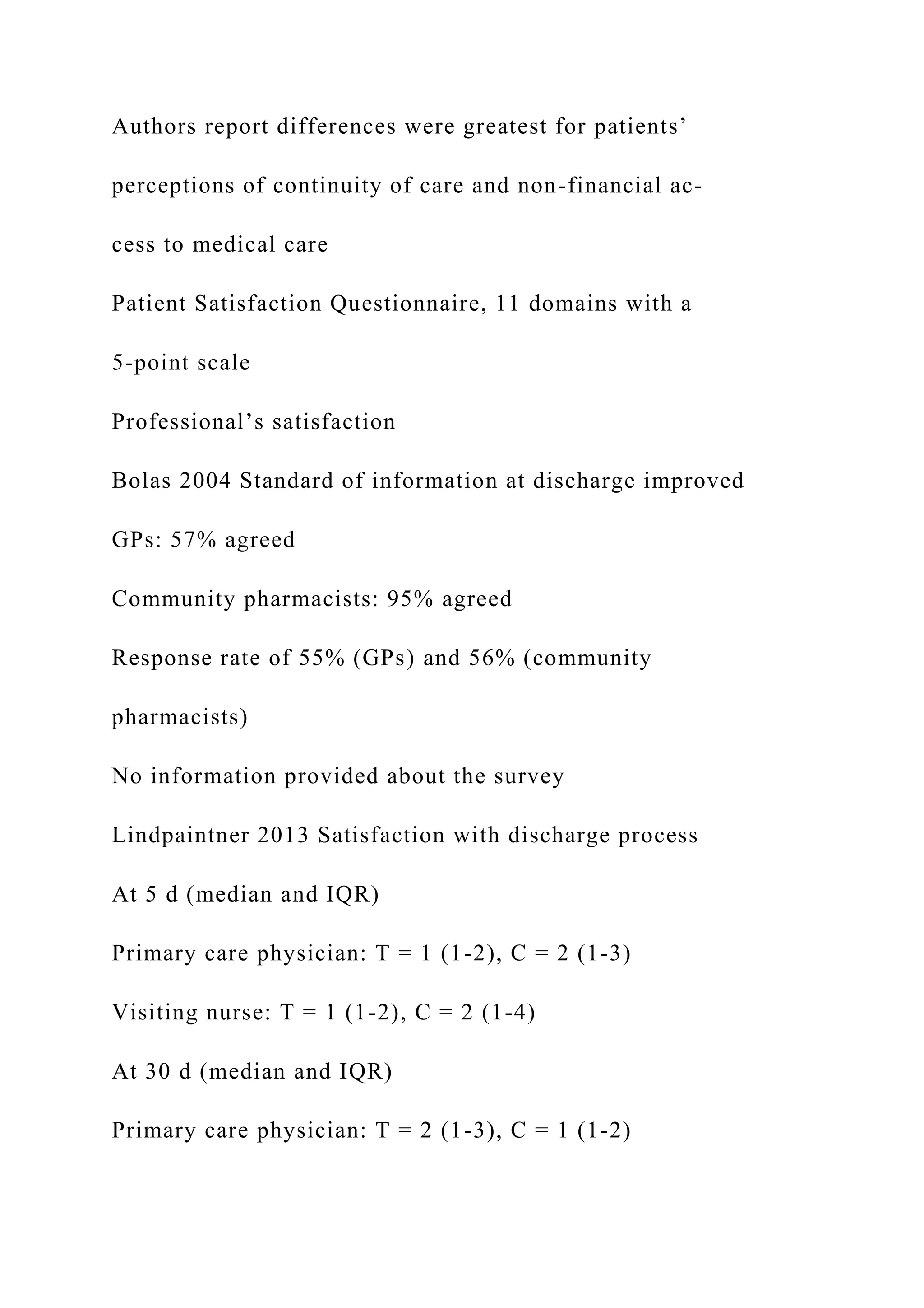 Authors report differences were greatest for patients’
perceptions of continuity of care and non-financial ac-
cess to medical care
Patient Satisfaction Questionnaire, 11 domains with a
5-point scale
Professional’s satisfaction
Bolas 2004 Standard of information at discharge improved
GPs: 57% agreed
Community pharmacists: 95% agreed
Response rate of 55% (GPs) and 56% (community
pharmacists)
No information provided about the survey
Lindpaintner 2013 Satisfaction with discharge process
At 5 d (median and IQR)
Primary care physician: T = 1 (1-2), C = 2 (1-3)
Visiting nurse: T = 1 (1-2), C = 2 (1-4)
At 30 d (median and IQR)
Primary care physician: T = 2 (1-3), C = 1 (1-2)
 