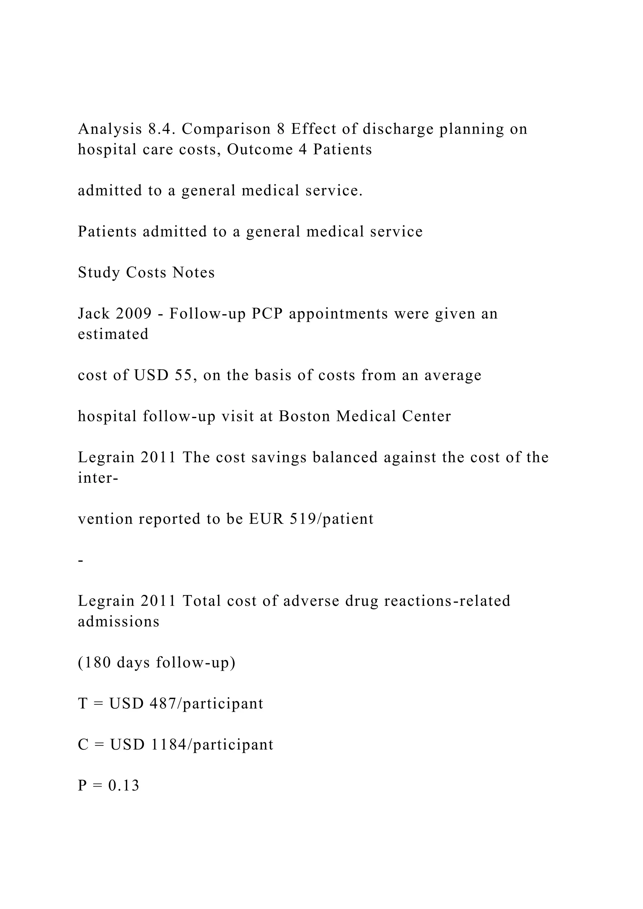 Analysis 8.4. Comparison 8 Effect of discharge planning on
hospital care costs, Outcome 4 Patients
admitted to a general medical service.
Patients admitted to a general medical service
Study Costs Notes
Jack 2009 - Follow-up PCP appointments were given an
estimated
cost of USD 55, on the basis of costs from an average
hospital follow-up visit at Boston Medical Center
Legrain 2011 The cost savings balanced against the cost of the
inter-
vention reported to be EUR 519/patient
-
Legrain 2011 Total cost of adverse drug reactions-related
admissions
(180 days follow-up)
T = USD 487/participant
C = USD 1184/participant
P = 0.13
 