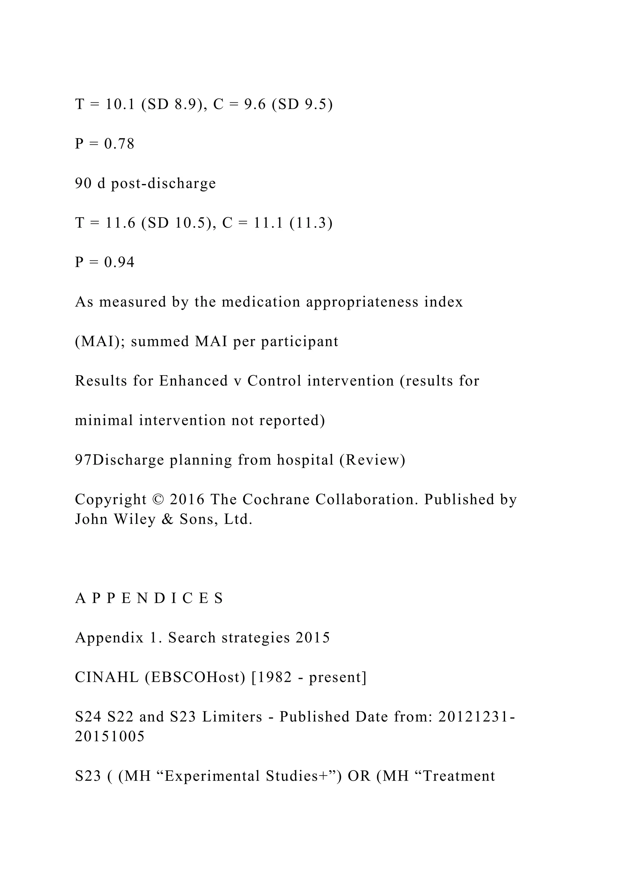 T = 10.1 (SD 8.9), C = 9.6 (SD 9.5)
P = 0.78
90 d post-discharge
T = 11.6 (SD 10.5), C = 11.1 (11.3)
P = 0.94
As measured by the medication appropriateness index
(MAI); summed MAI per participant
Results for Enhanced v Control intervention (results for
minimal intervention not reported)
97Discharge planning from hospital (Review)
Copyright © 2016 The Cochrane Collaboration. Published by
John Wiley & Sons, Ltd.
A P P E N D I C E S
Appendix 1. Search strategies 2015
CINAHL (EBSCOHost) [1982 - present]
S24 S22 and S23 Limiters - Published Date from: 20121231-
20151005
S23 ( (MH “Experimental Studies+”) OR (MH “Treatment
 