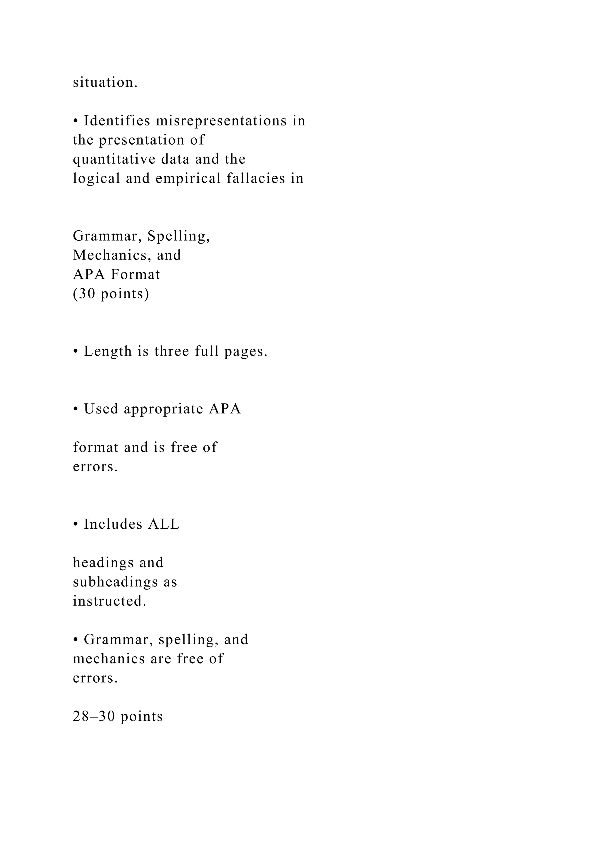 situation.
• Identifies misrepresentations in
the presentation of
quantitative data and the
logical and empirical fallacies in
Grammar, Spelling,
Mechanics, and
APA Format
(30 points)
• Length is three full pages.
• Used appropriate APA
format and is free of
errors.
• Includes ALL
headings and
subheadings as
instructed.
• Grammar, spelling, and
mechanics are free of
errors.
28–30 points
 