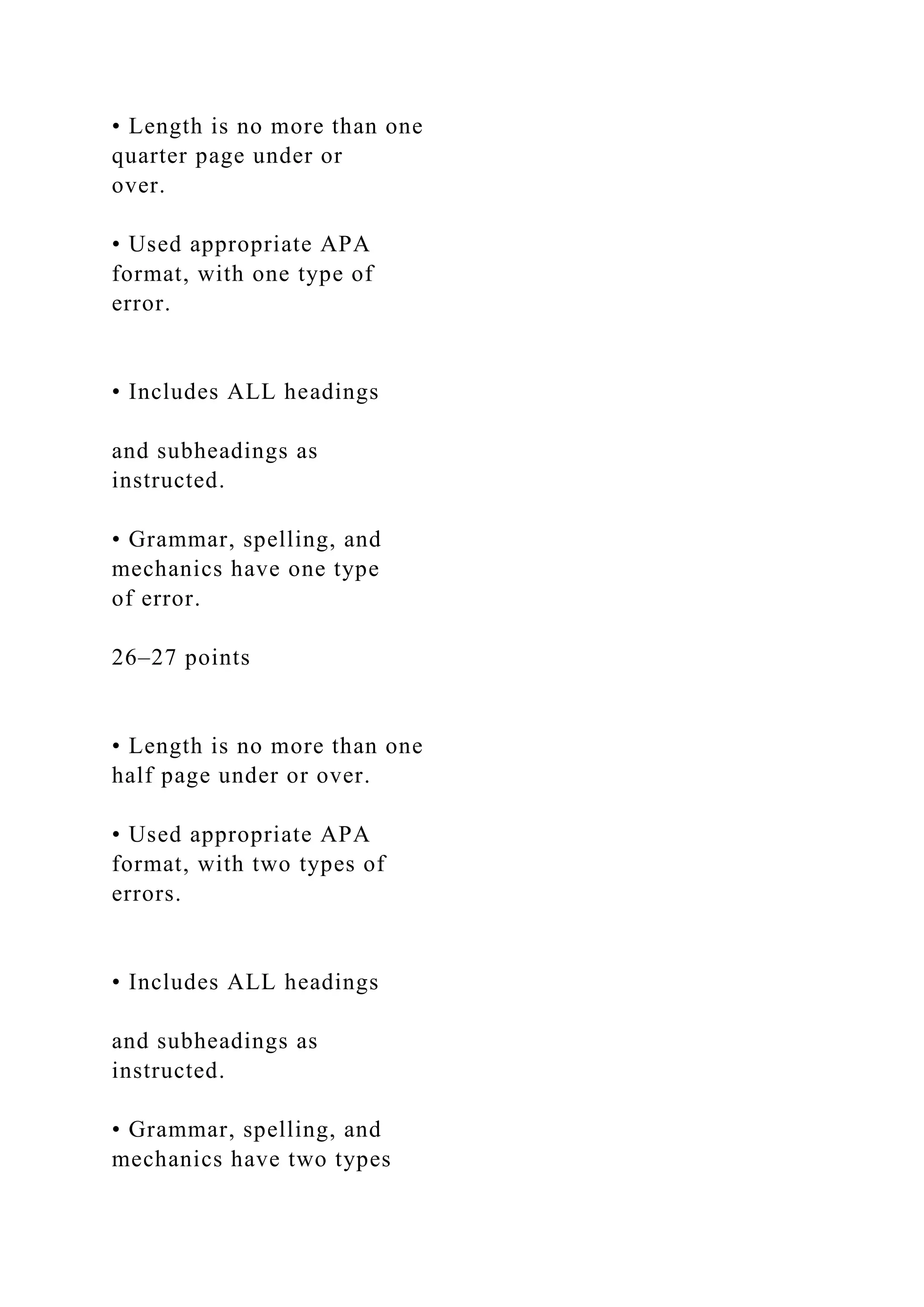• Length is no more than one
quarter page under or
over.
• Used appropriate APA
format, with one type of
error.
• Includes ALL headings
and subheadings as
instructed.
• Grammar, spelling, and
mechanics have one type
of error.
26–27 points
• Length is no more than one
half page under or over.
• Used appropriate APA
format, with two types of
errors.
• Includes ALL headings
and subheadings as
instructed.
• Grammar, spelling, and
mechanics have two types
 