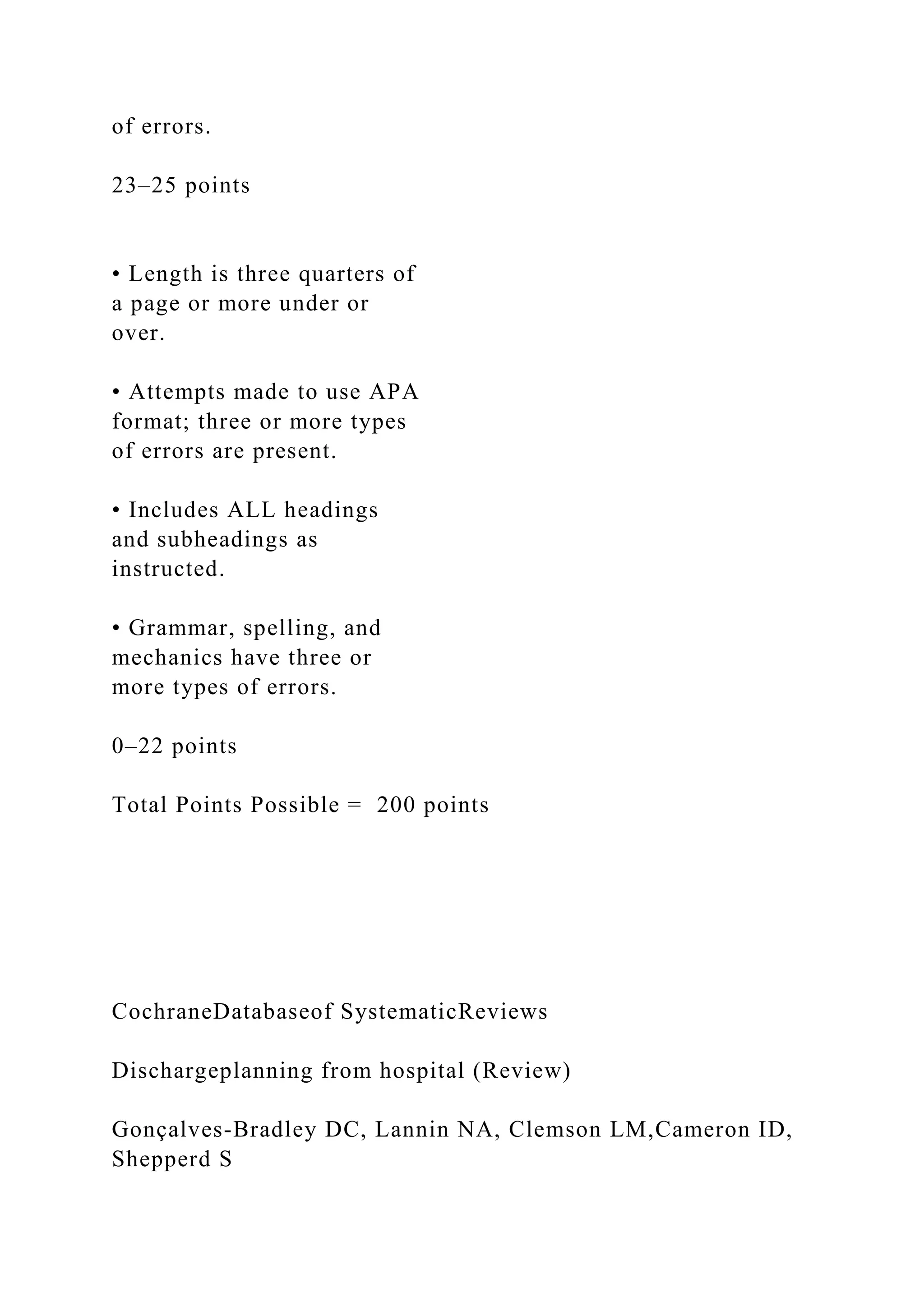 of errors.
23–25 points
• Length is three quarters of
a page or more under or
over.
• Attempts made to use APA
format; three or more types
of errors are present.
• Includes ALL headings
and subheadings as
instructed.
• Grammar, spelling, and
mechanics have three or
more types of errors.
0–22 points
Total Points Possible = 200 points
CochraneDatabaseof SystematicReviews
Dischargeplanning from hospital (Review)
Gonçalves-Bradley DC, Lannin NA, Clemson LM,Cameron ID,
Shepperd S
 