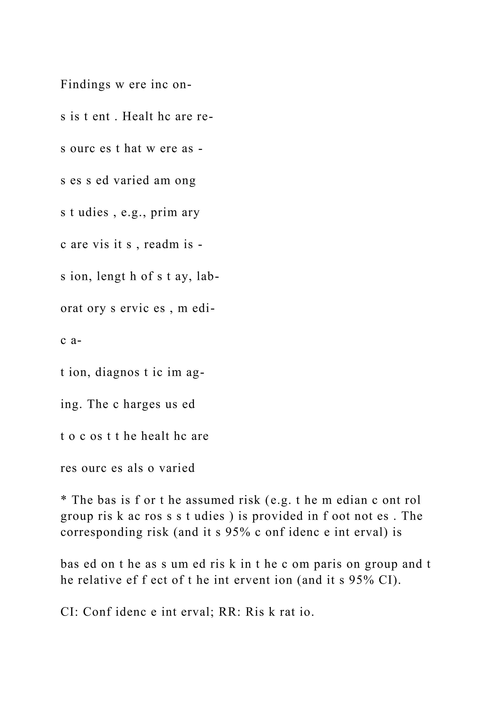 Findings w ere inc on-
s is t ent . Healt hc are re-
s ourc es t hat w ere as -
s es s ed varied am ong
s t udies , e.g., prim ary
c are vis it s , readm is -
s ion, lengt h of s t ay, lab-
orat ory s ervic es , m edi-
c a-
t ion, diagnos t ic im ag-
ing. The c harges us ed
t o c os t t he healt hc are
res ourc es als o varied
* The bas is f or t he assumed risk (e.g. t he m edian c ont rol
group ris k ac ros s s t udies ) is provided in f oot not es . The
corresponding risk (and it s 95% c onf idenc e int erval) is
bas ed on t he as s um ed ris k in t he c om paris on group and t
he relative ef f ect of t he int ervent ion (and it s 95% CI).
CI: Conf idenc e int erval; RR: Ris k rat io.
 