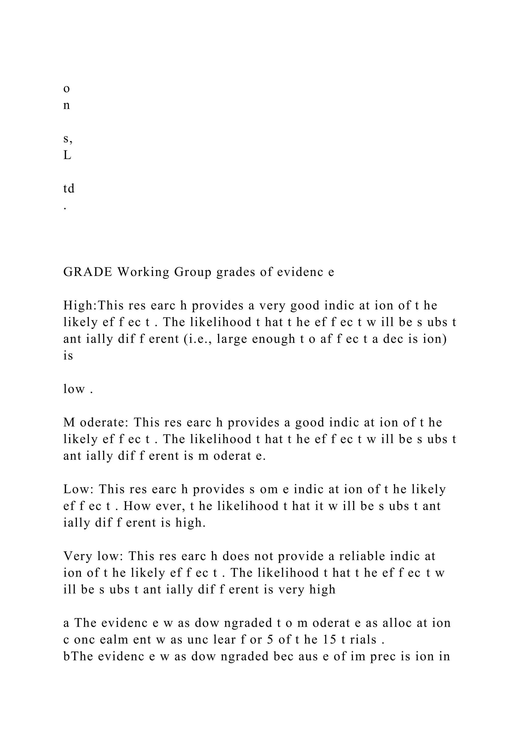 o
n
s,
L
td
.
GRADE Working Group grades of evidenc e
High:This res earc h provides a very good indic at ion of t he
likely ef f ec t . The likelihood t hat t he ef f ec t w ill be s ubs t
ant ially dif f erent (i.e., large enough t o af f ec t a dec is ion)
is
low .
M oderate: This res earc h provides a good indic at ion of t he
likely ef f ec t . The likelihood t hat t he ef f ec t w ill be s ubs t
ant ially dif f erent is m oderat e.
Low: This res earc h provides s om e indic at ion of t he likely
ef f ec t . How ever, t he likelihood t hat it w ill be s ubs t ant
ially dif f erent is high.
Very low: This res earc h does not provide a reliable indic at
ion of t he likely ef f ec t . The likelihood t hat t he ef f ec t w
ill be s ubs t ant ially dif f erent is very high
a The evidenc e w as dow ngraded t o m oderat e as alloc at ion
c onc ealm ent w as unc lear f or 5 of t he 15 t rials .
bThe evidenc e w as dow ngraded bec aus e of im prec is ion in
 