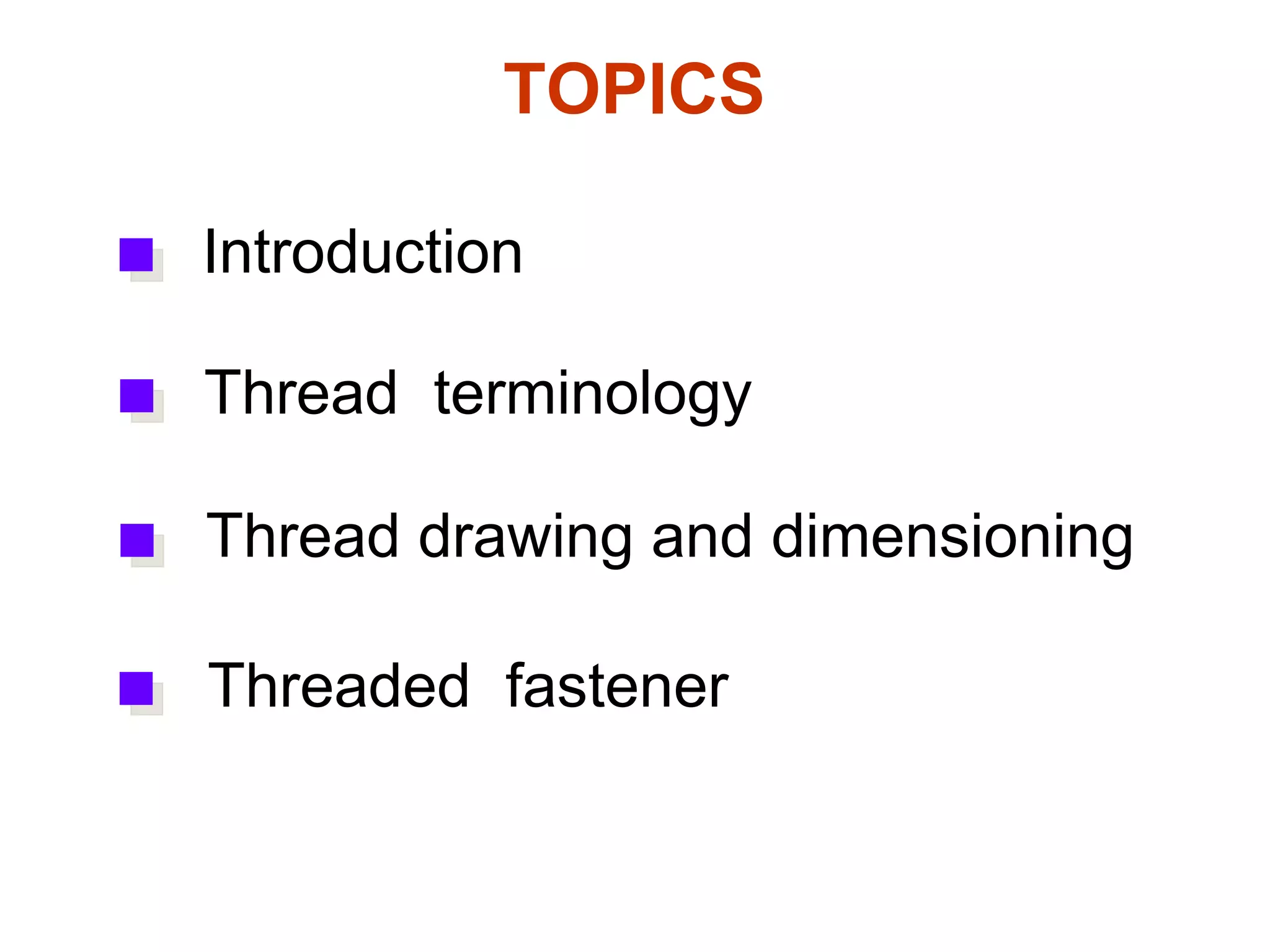 TOPICS Introduction Thread  terminology Thread drawing and dimensioning Threaded  fastener 