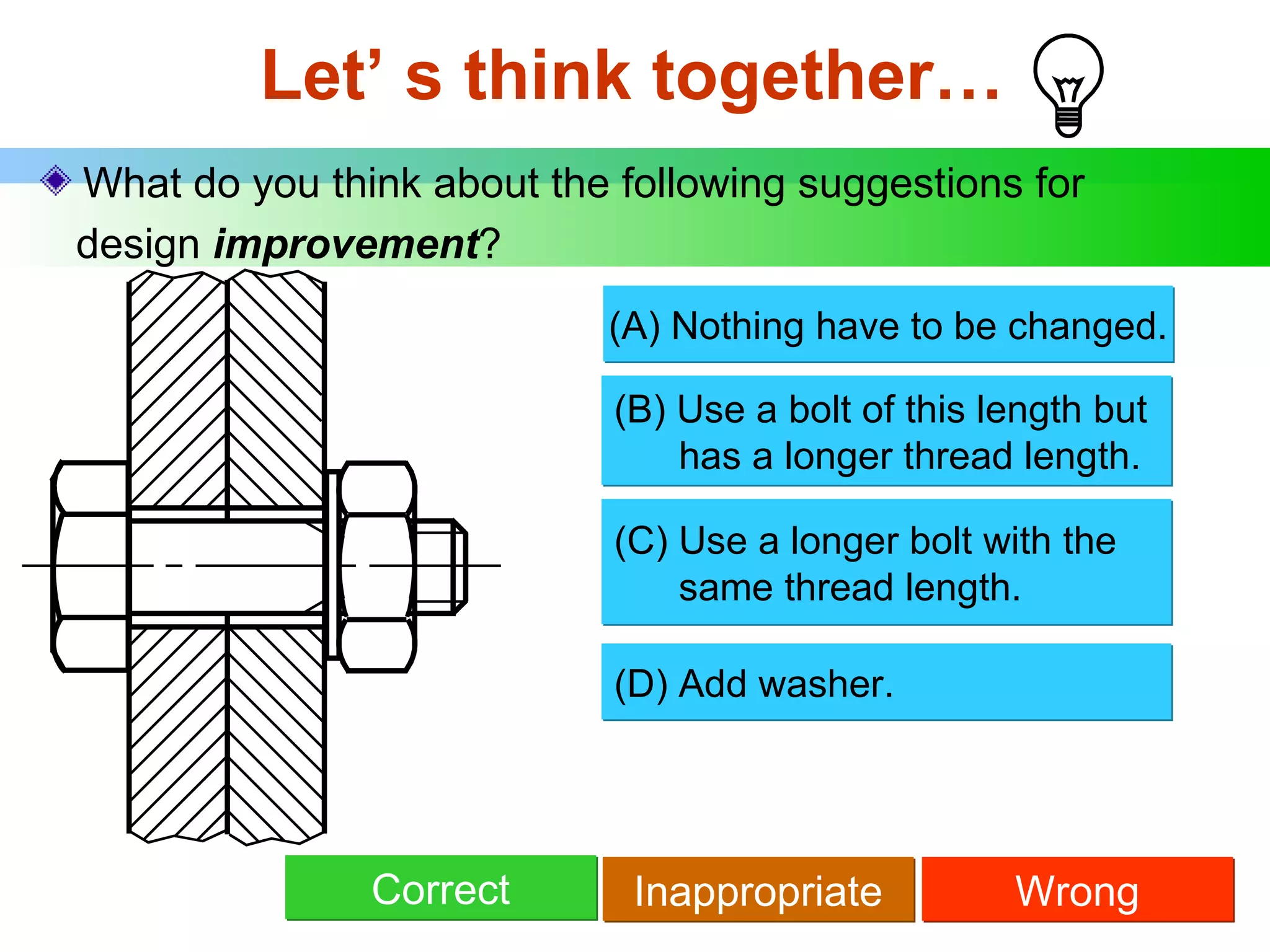 Let’ s think together… What do you think about the following suggestions for design  improvement ? (B) Use a bolt of this length but   has a longer thread length. (C) Use a longer bolt with the   same thread length. (D) Add washer. (A) Nothing have to be changed. Correct Inappropriate Wrong 