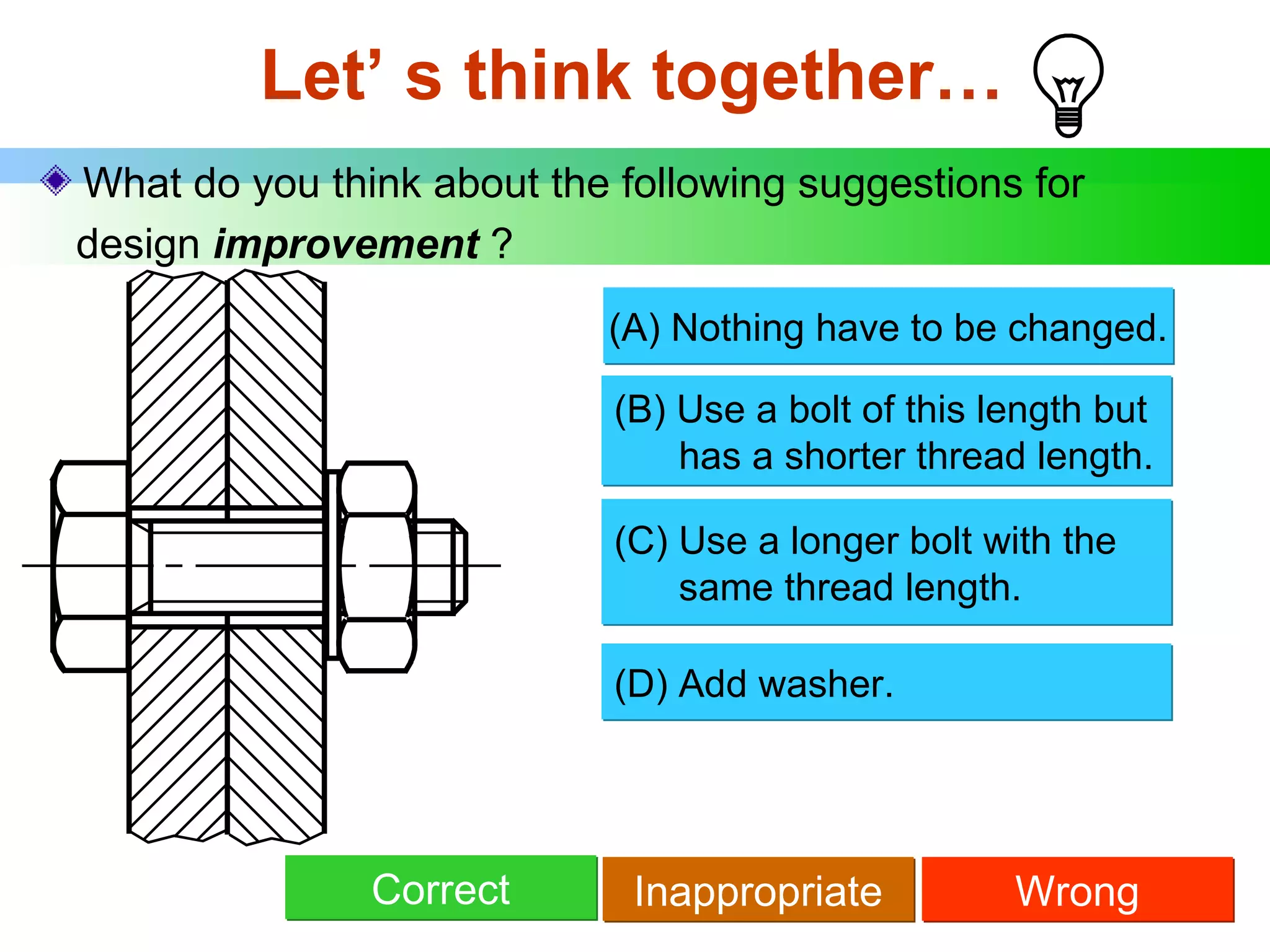 Let’ s think together… What do you think about the following suggestions for design  improvement   ? (B) Use a bolt of this length but   has a shorter thread length. (C) Use a longer bolt with the   same thread length. (D) Add washer. (A) Nothing have to be changed. Correct Inappropriate Wrong 