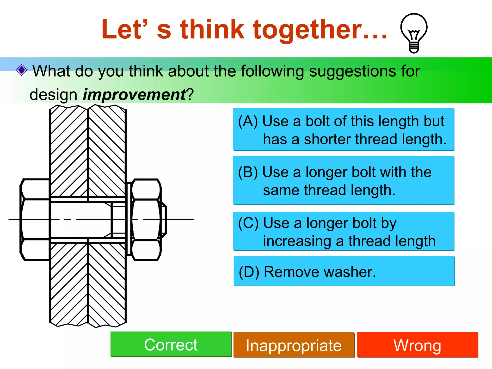 Let’ s think together… What do you think about the following suggestions for   design  improvement ? (A) Use a bolt of this length but   has a shorter thread length. (B) Use a longer bolt with the   same thread length. (C) Use a longer bolt by increasing a thread length (D) Remove washer. Correct Inappropriate Wrong 
