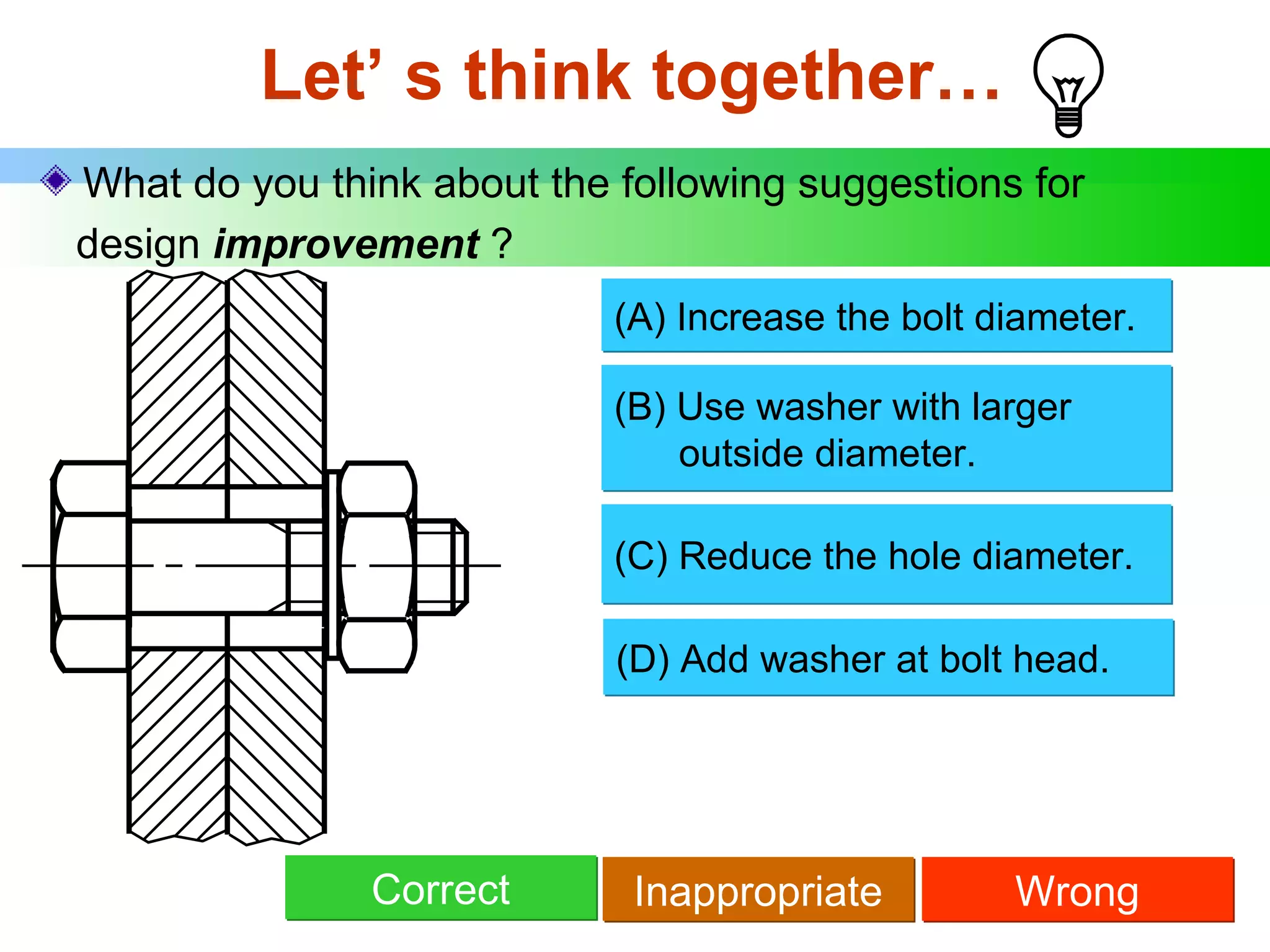 Let’ s think together… What do you think about the following suggestions for design  improvement  ? (A) Increase the bolt diameter. (B) Use washer with larger   outside diameter. (C) Reduce the hole diameter. (D) Add washer at bolt head. Correct Inappropriate Wrong 