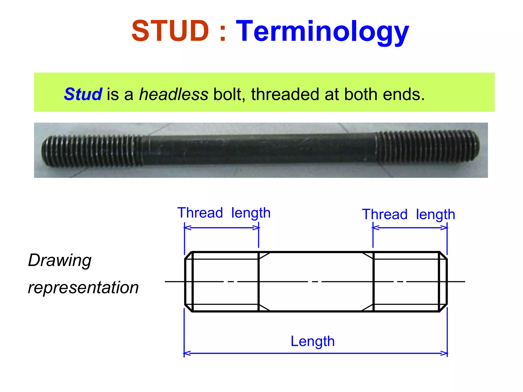 Stud  is a  headless  bolt, threaded at both ends. STUD :  Terminology Thread  length Length Thread  length Drawing representation 