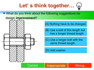 Let’ s think together… What do you think about the following suggestions for design  improvement ? (B) Use a bolt of this length but   has a longer thread length. (C) Use a longer bolt with the   same thread length. (D) Add washer. (A) Nothing have to be changed. Correct Inappropriate Wrong 