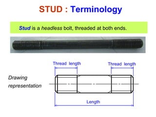 Stud  is a  headless  bolt, threaded at both ends. STUD :  Terminology Thread  length Length Thread  length Drawing representation 
