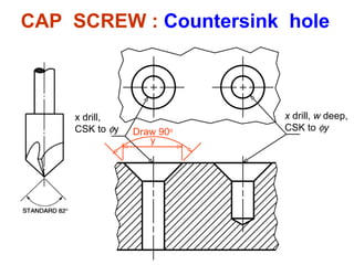 x drill, CSK to   y CAP  SCREW :  Countersink  hole x  drill,  w  deep, CSK to   y y Draw 90 o 