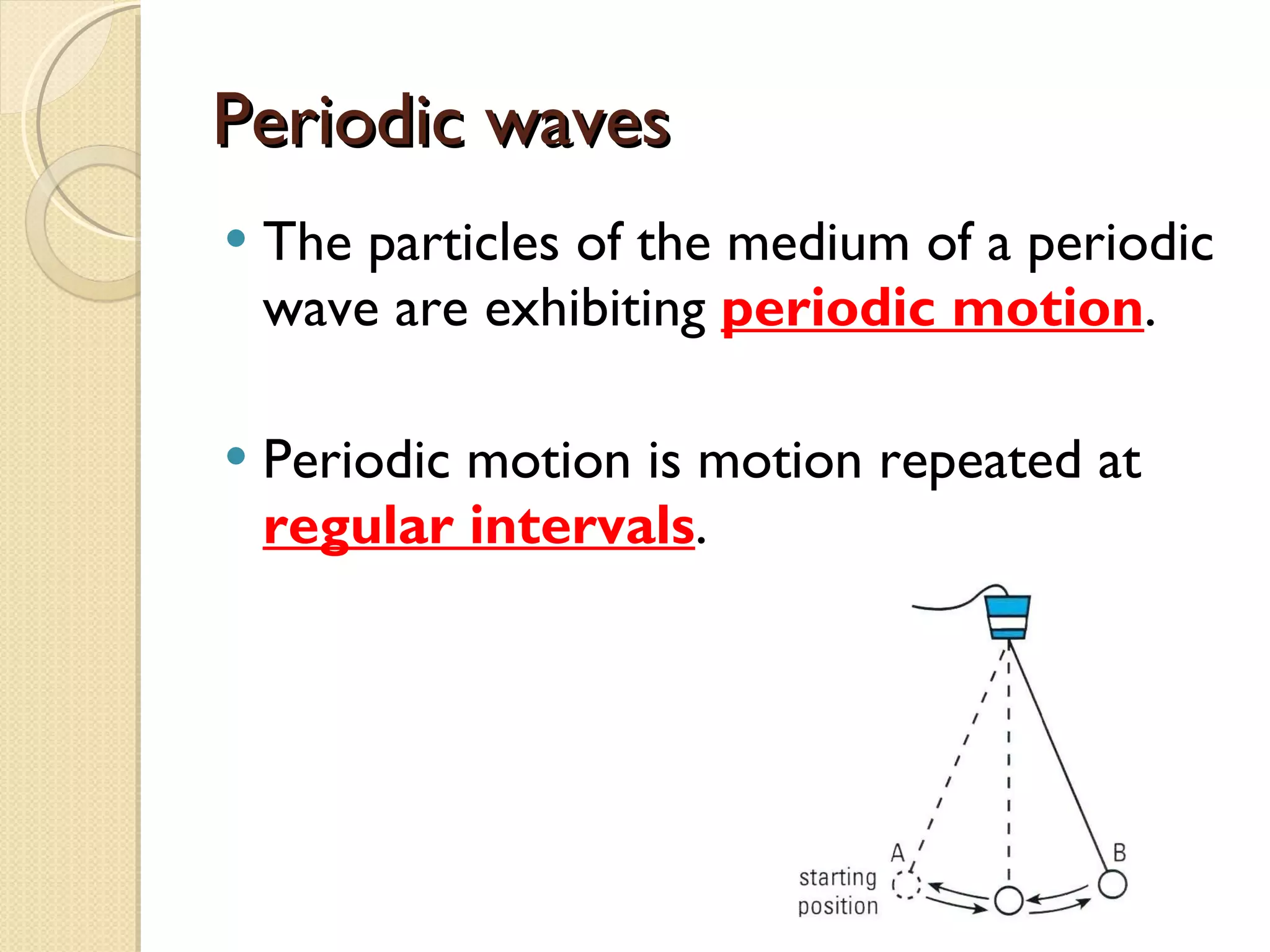 Periodic waves The particles of the medium of a periodic wave are exhibiting  periodic motion . Periodic motion is motion repeated at  regular intervals . 