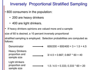 • 600 consumers in the population:
• 200 are heavy drinkers
• 400 are light drinkers.
• If heavy drinkers opinions are valued more and a sample
size of 60 is desired, a 10 percent inversely proportional
stratified sampling is employed. Selection probabilities are computed as
follows:
Denominator
Heavy Drinkers
proportion and
sample size
Light drinkers
proportion and
sample size
600/200 + 600/400 = 3 + 1.5 = 4.5
3/ 4.5 = 0.667; 0.667 * 60 = 40
1.5 / 4.5 = 0.333; 0.333 * 60 = 20
Inversely Proportional Stratified Sampling
 