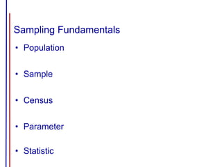 Sampling Fundamentals
• Population
• Sample
• Census
• Parameter
• Statistic
 