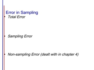 Error in Sampling
• Total Error
• Sampling Error
• Non-sampling Error (dealt with in chapter 4)
 