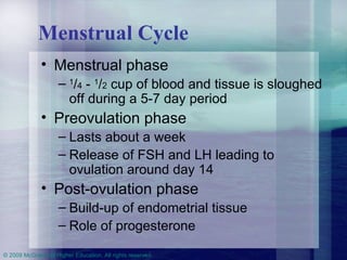 Menstrual Cycle Menstrual phase  1 / 4  -  1 / 2  cup of blood and tissue is sloughed off during a 5-7 day period Preovulation phase  Lasts about a week  Release of FSH and LH leading to ovulation around day 14 Post-ovulation phase  Build-up of endometrial tissue  Role of progesterone 