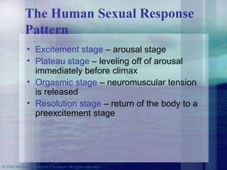 The Human Sexual Response Pattern Excitement stage  – arousal stage Plateau stage  – leveling off of arousal immediately before climax Orgasmic stage  – neuromuscular tension is released Resolution stage  – return of the body to a preexcitement stage 