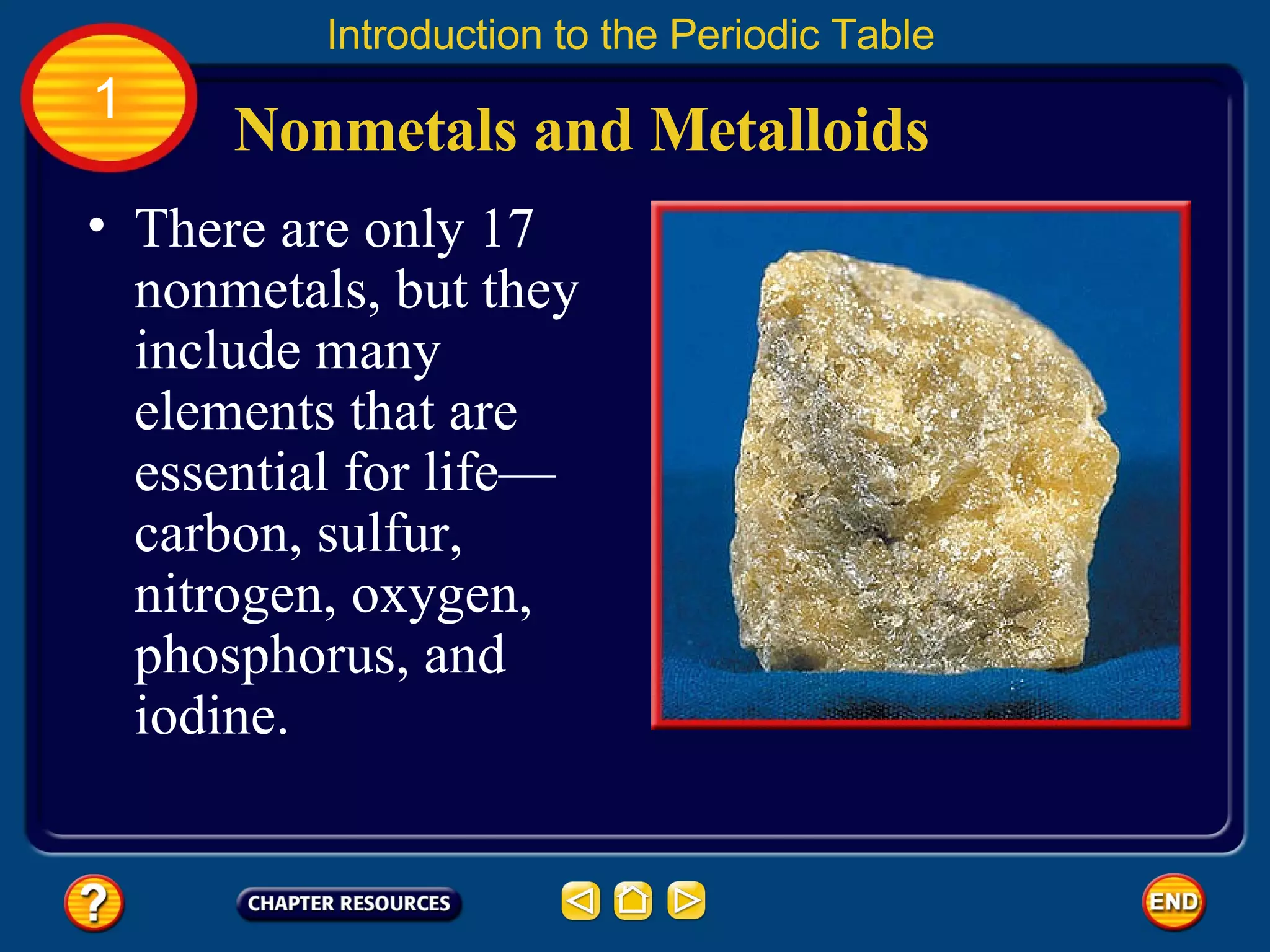 Nonmetals and Metalloids Introduction to the Periodic Table 1 There are only 17 nonmetals, but they include many elements that are essential for life—carbon, sulfur, nitrogen, oxygen, phosphorus, and iodine.  