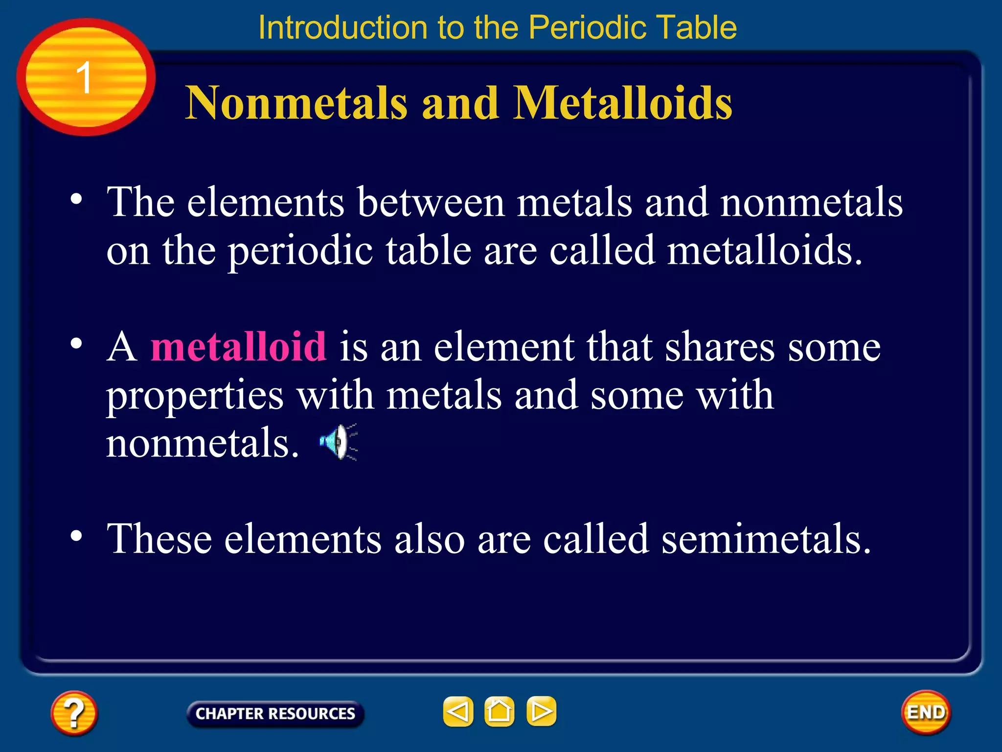 The elements between metals and nonmetals on the periodic table are called metalloids.  Nonmetals and Metalloids Introduction to the Periodic Table 1 A  metalloid   is an element that shares some properties with metals and some with nonmetals.  These elements also are called semimetals. 