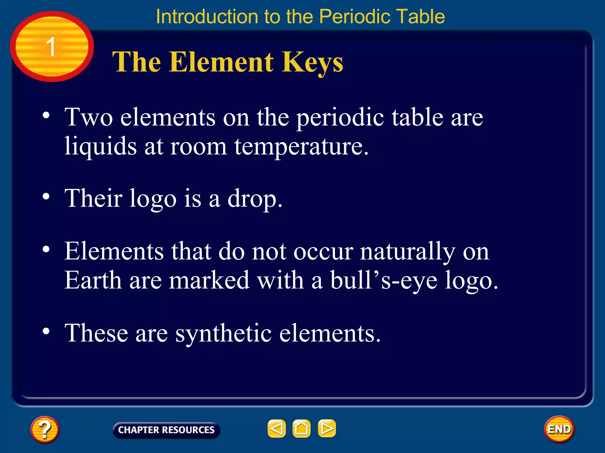 Two elements on the periodic table are liquids at room temperature.  The Element Keys Introduction to the Periodic Table 1 Their logo is a drop.  Elements that do not occur naturally on Earth are marked with a bull’s-eye logo.  These are synthetic elements.  