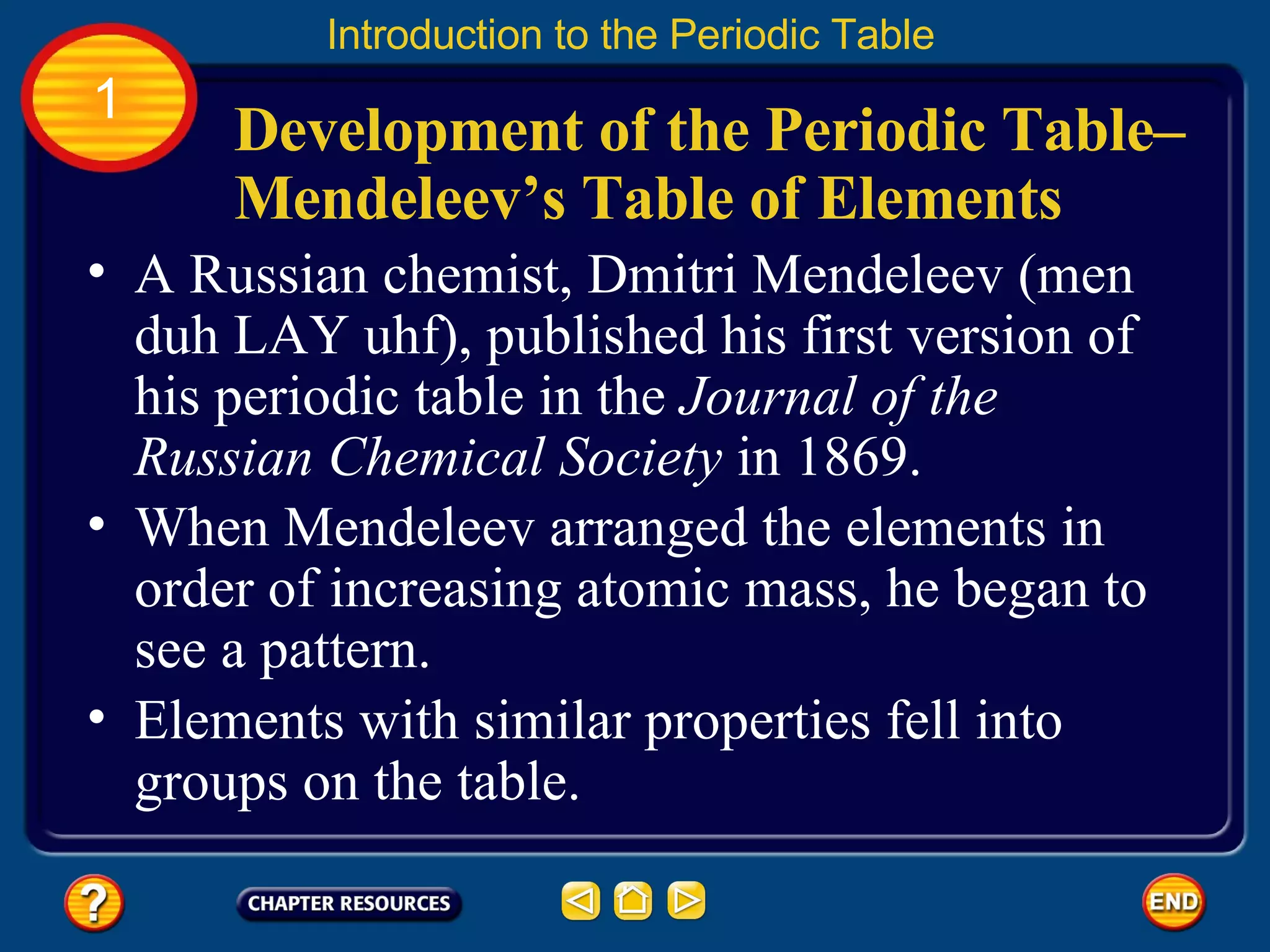 A Russian chemist, Dmitri Mendeleev (men duh LAY uhf), published his first version of his periodic table in the  Journal of the Russian Chemical Society  in 1869.   When Mendeleev arranged the elements in order of increasing atomic mass, he began to see a pattern.   Elements with similar properties fell into groups on the table.   Development of the Periodic Table–  Mendeleev’s Table of Elements Introduction to the Periodic Table 1 