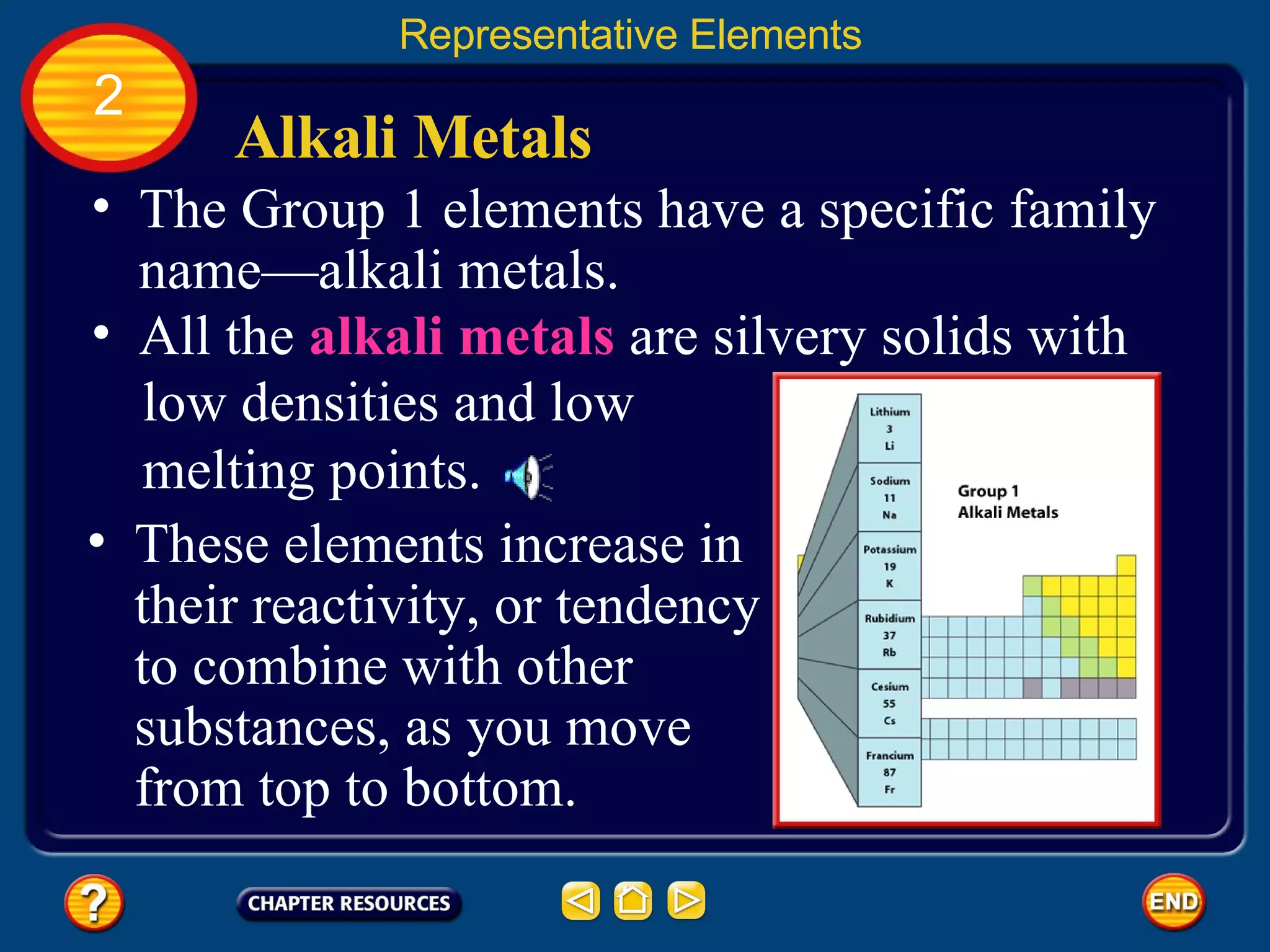 Alkali Metals These elements increase in their reactivity, or tendency to combine with other substances, as you move from top to bottom.  Representative Elements 2 The Group 1 elements have a specific family name—alkali   metals.  low densities and low melting points. All the  alkali metals  are silvery solids with 