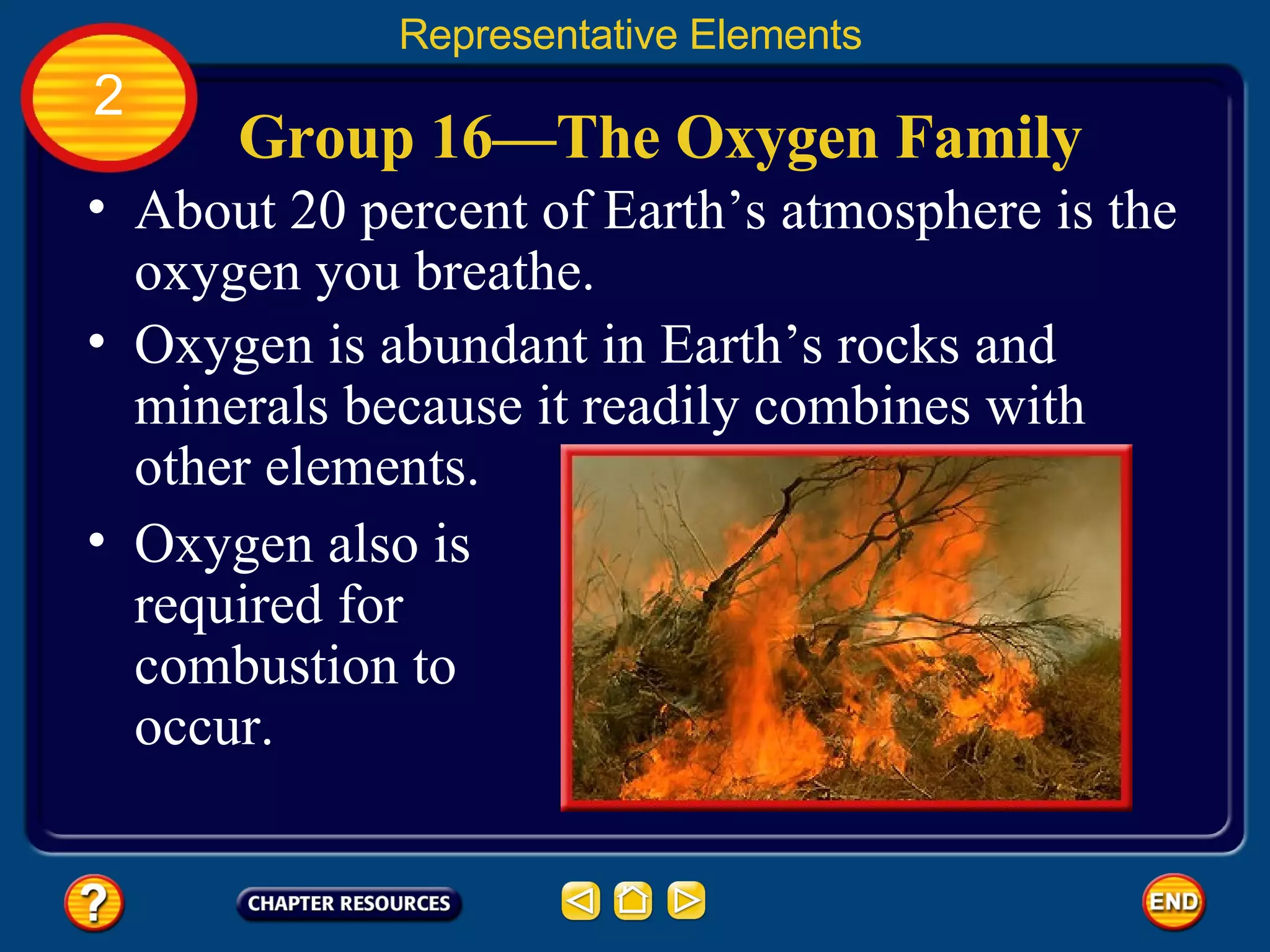 Group 16—The Oxygen Family About 20 percent of Earth’s atmosphere is the oxygen you breathe.  Representative Elements 2 Oxygen also is required for combustion to occur.  Oxygen is abundant in Earth’s rocks and minerals because it readily combines with other elements. 