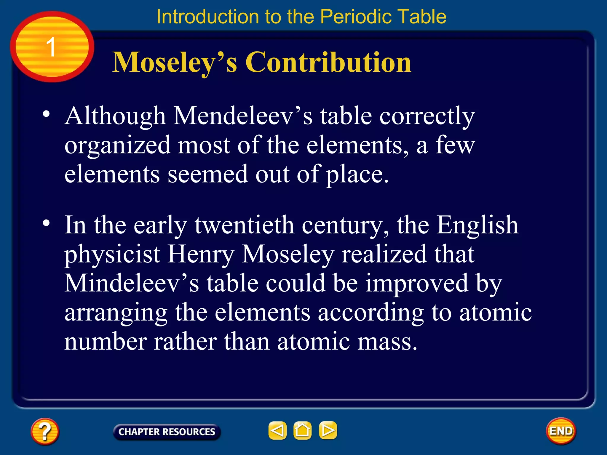 Although Mendeleev’s table correctly organized most of the elements, a few elements seemed out of place. In the early twentieth century, the English physicist Henry Moseley realized that Mindeleev’s table could be improved by arranging the elements according to atomic number rather than atomic mass.  Moseley’s Contribution Introduction to the Periodic Table 1 