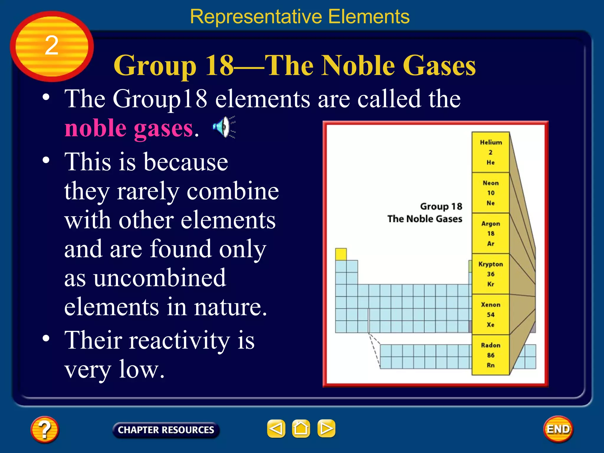 Group 18—The Noble Gases The Group18 elements are called the  noble gases .  Representative Elements 2 This is because they rarely combine with other elements and are found only as uncombined elements in nature.  Their reactivity is very low.  