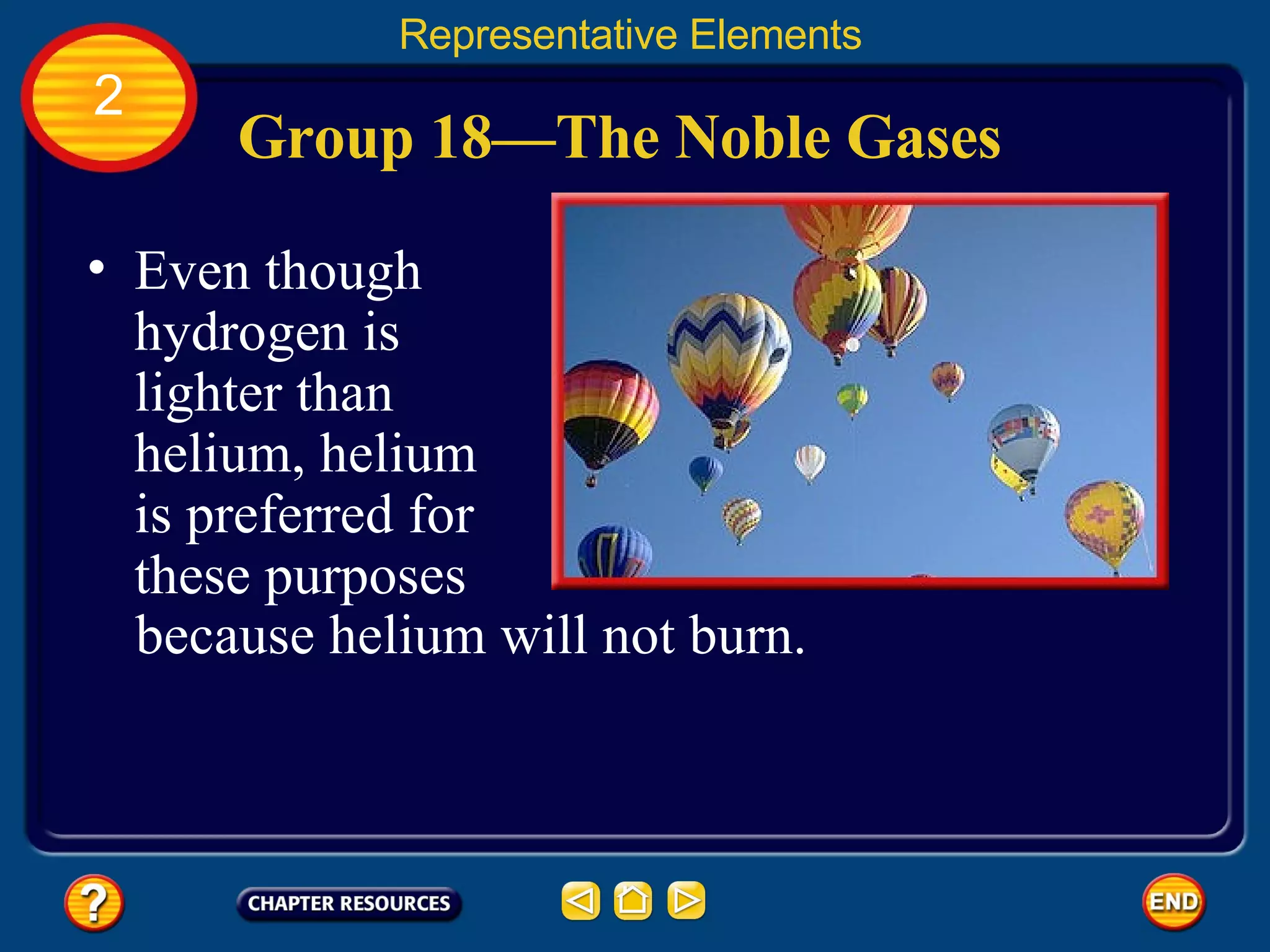 Group 18—The Noble Gases Representative Elements 2 Even though hydrogen is lighter than helium, helium is preferred for these purposes because helium will not burn. 