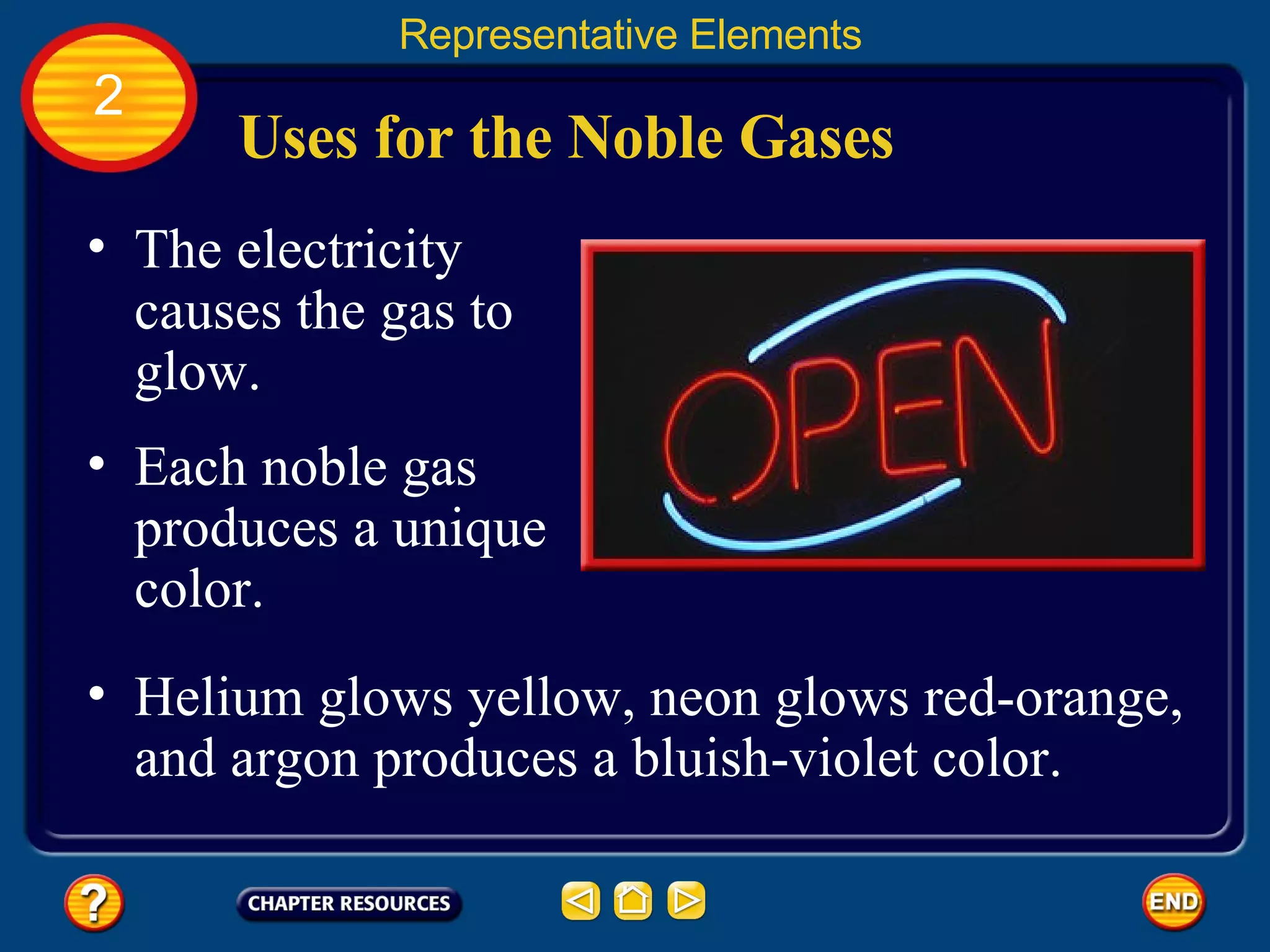 Uses for the Noble Gases Representative Elements 2 The electricity causes the gas to glow.  Each noble gas produces a unique color.  Helium glows yellow, neon glows red-orange, and argon produces a bluish-violet color.  