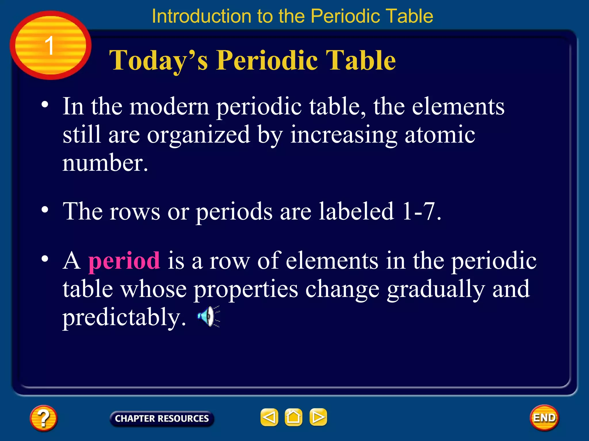 In the modern periodic table, the elements still are organized by increasing atomic number.  The rows or periods are labeled 1-7.  Today’s Periodic Table Introduction to the Periodic Table 1 A  period  is a row of elements in the periodic table whose properties change gradually and predictably.  