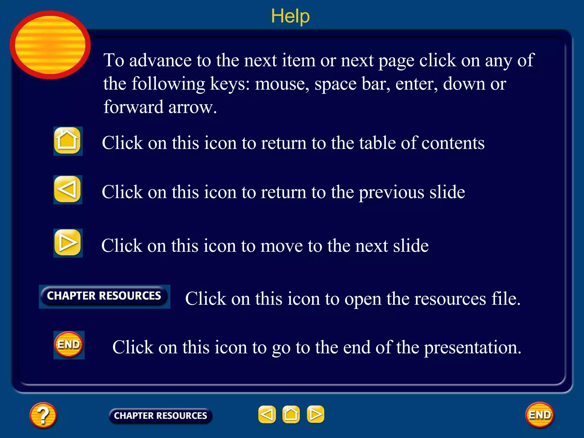 To advance to the next item or next page click on any of the following keys: mouse, space bar, enter, down or forward arrow.  Click on this icon to return to the table of contents Click on this icon to return to the previous slide Click on this icon to move to the next slide Click on this icon to open the resources file. Help Click on this icon to go to the end of the presentation. 